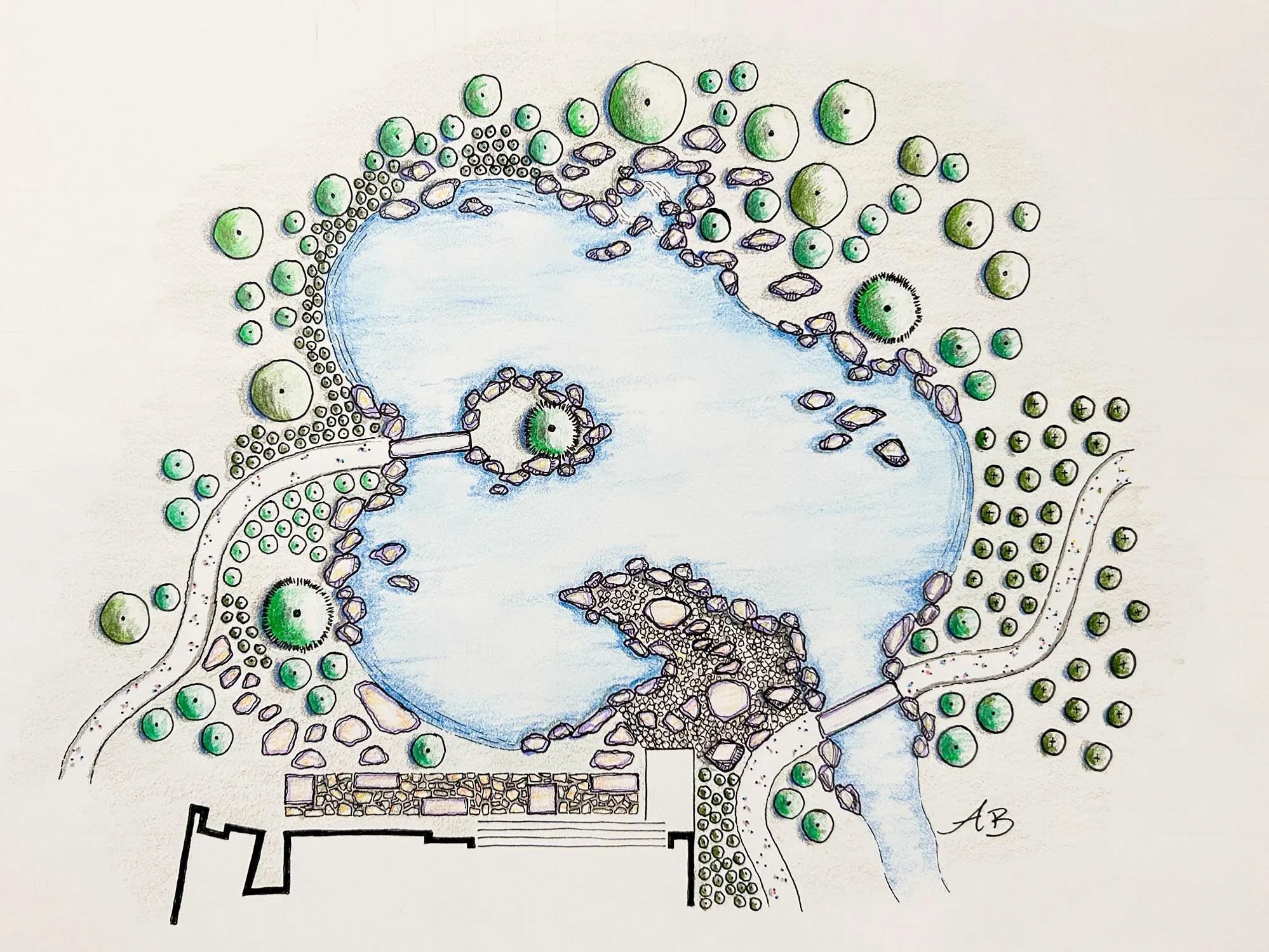 Plan of Japanese Koi Pond Garden with Waterfall, Island, Suhama Peninsula