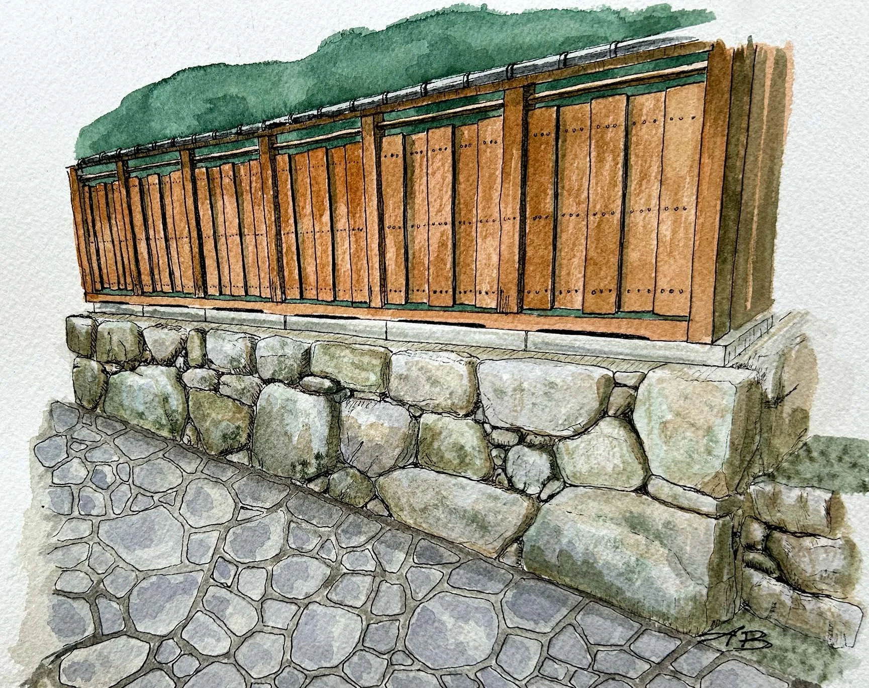 Japanese Wooden Fence on Japanese Stone Wall