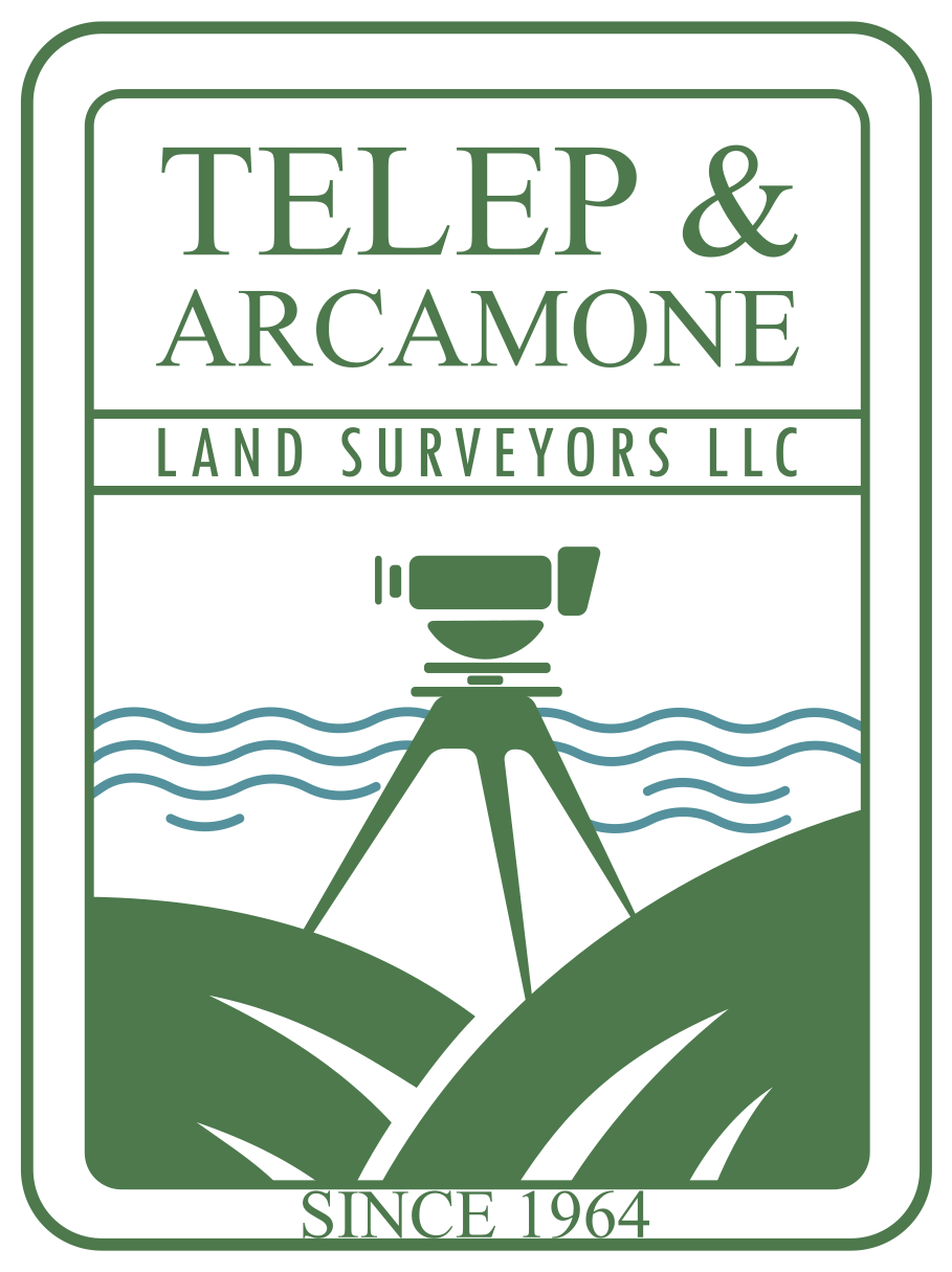 Logo of Telep & Arcamone Land Surveyors LLC featuring a surveyor's instrument on a tripod with hills and water waves in the background, and text indicating since 1964.