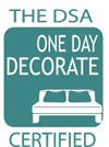Logo with a teal background featuring a white sofa and text 'One Day Decorate Certified'
