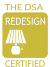 Badge with gold and black colors that says 'The DSA Redesign Certified' with an icon of a storefront and a hanging sign.