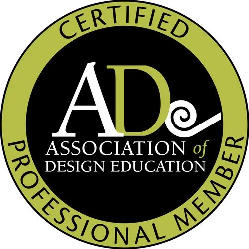 A circular logo with a green outer ring and black inner circle. The outer ring has the words 'CERTIFIED' at the top and 'PROFESSIONAL MEMBER' at the bottom. Inside, the black circle displays the white and green text 'AD' with the words 'ASSOCIATION of DESIGN EDUCATION' around it.