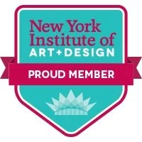 Logo for New York Institute of Art & Design with a pink banner that says 'Proud Member' and a blue shield with a white lotus flower at the bottom.