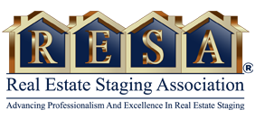 Logo of the Real Estate Staging Association with four houses spelling out RESA, and the tagline 'Advancing Professionalism and Excellence in Real Estate Staging'.