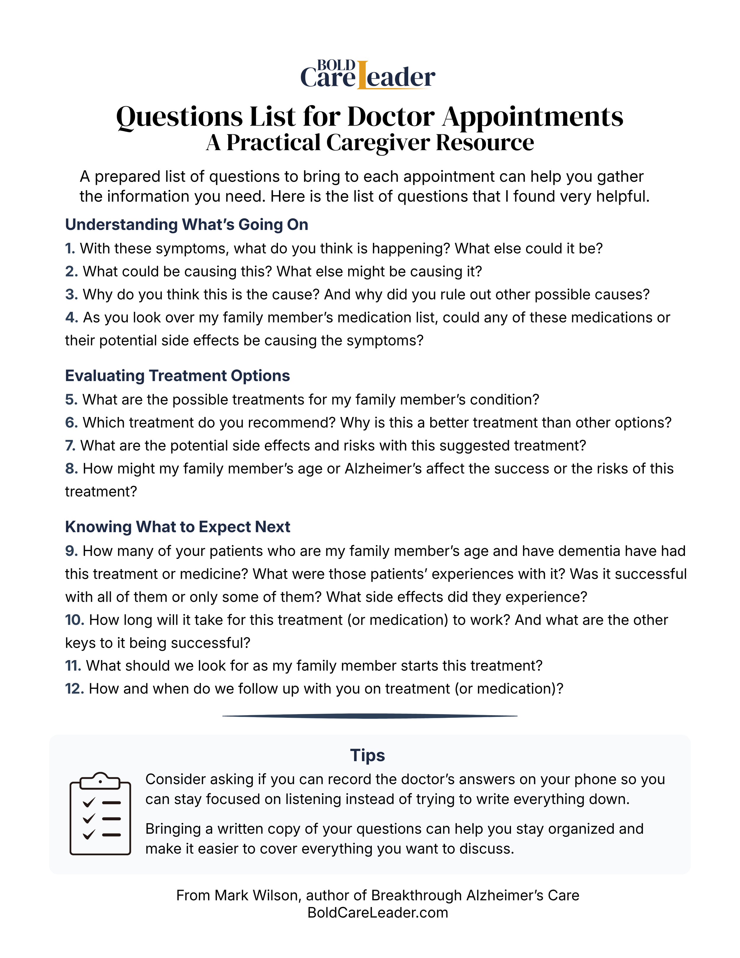 A printable list titled 'Questions List for Doctor Appointments: A Practical Caregiver Resource' with sections on understanding what's going on, evaluating treatment options, and knowing what to expect next, including tips for caregivers.