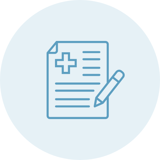 Icon of a medical document with a cross and a pen.