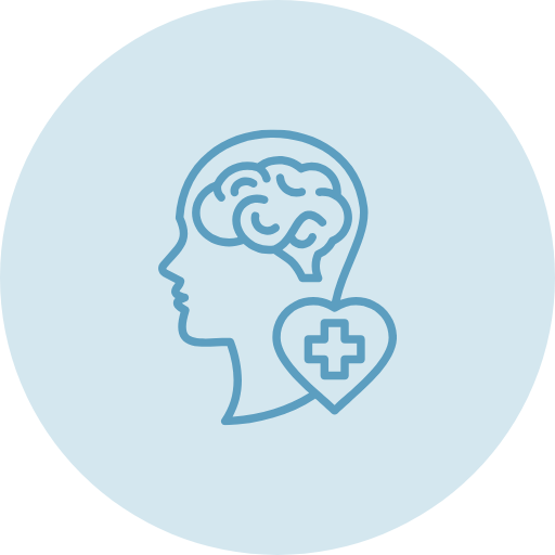 Outline of a human head with a brain and a health cross in a heart on the neck area, symbolizing mental health and healthcare.