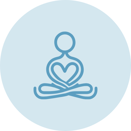 Minimalist line drawing of a person in a meditative lotus position with a heart symbol on their chest, inside a light blue circle.