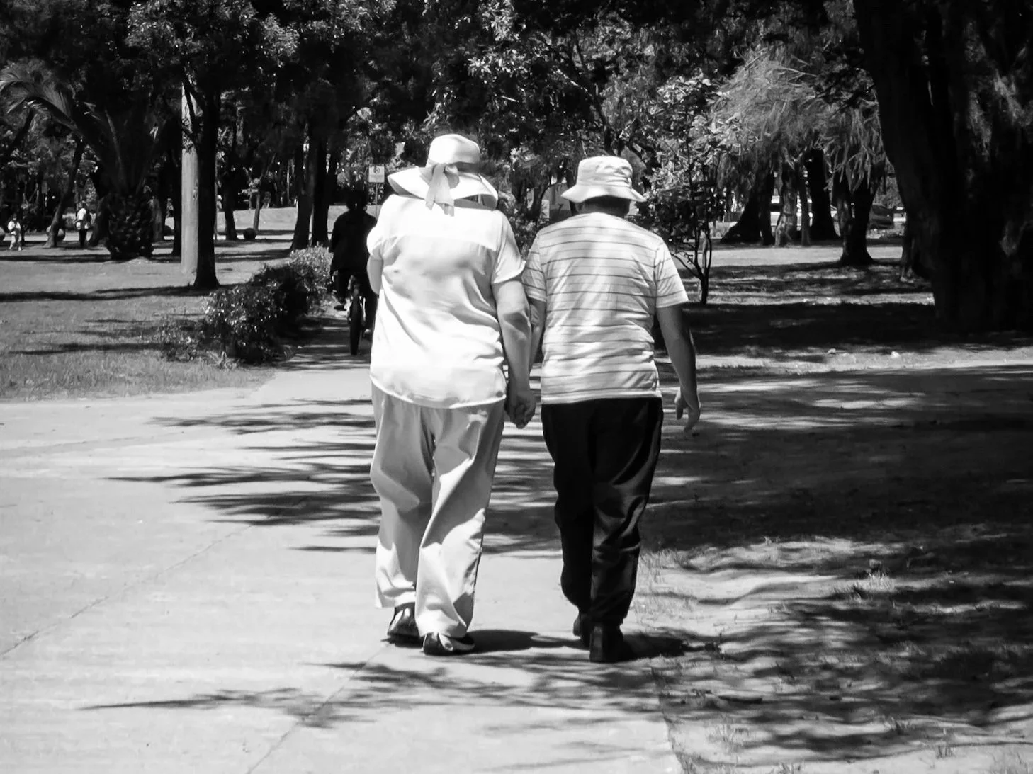 Two people wearing hats walk hand-in-hand down a shaded park path surrounded by trees.