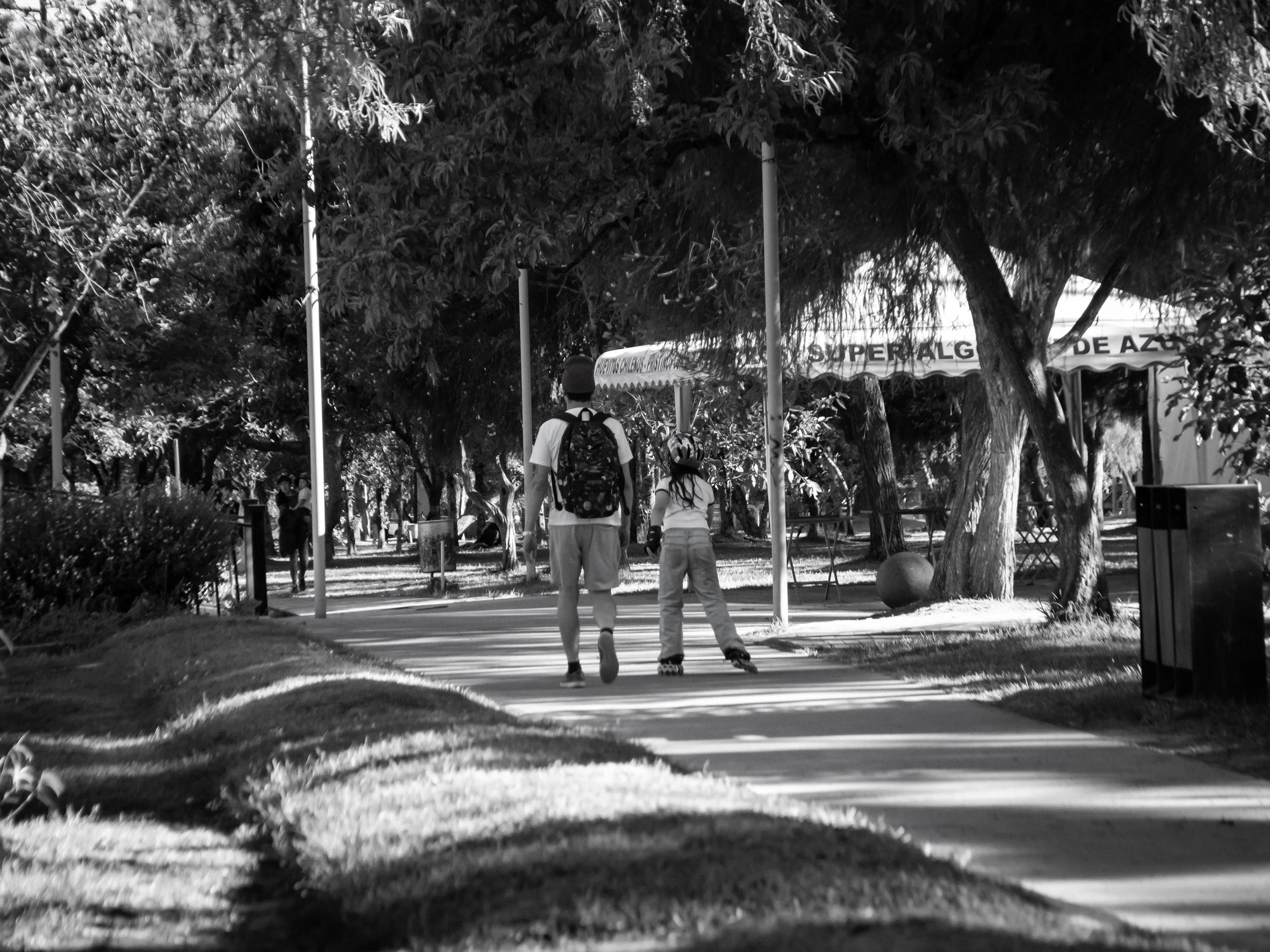A black-and-white photo of a park with large trees, a sidewalk, and a man and a child walking together, both wearing backpacks.