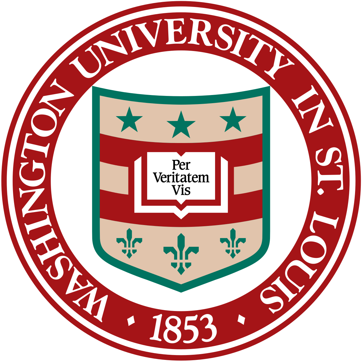 Seal of Washington University in St. Louis featuring a shield with stars, fleur-de-lis, and a banner with the Latin motto 'Per Veritatem Vis', surrounded by a red circular border with the university name and founding year 1853.