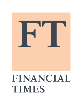 The Financial Times logo with a peach-colored square background, featuring large black letters 'FT' and the words 'Financial Times' below in black.