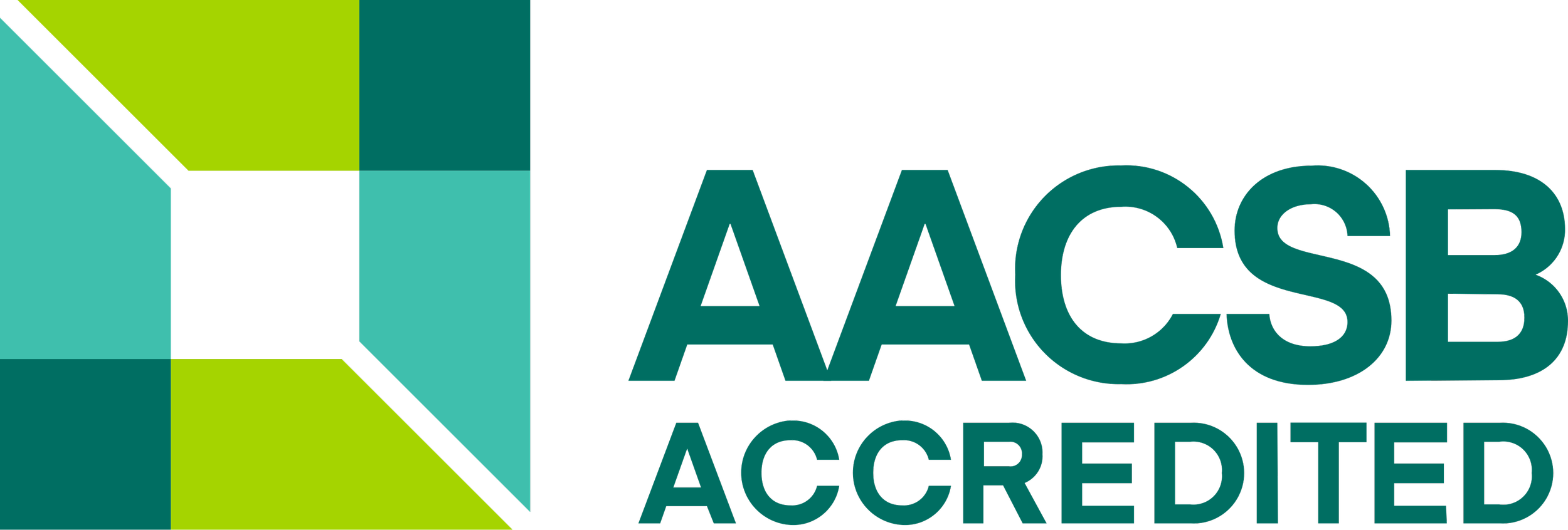 Logo of AACSB Accredited, featuring geometric shapes in green and blue with bold black text.