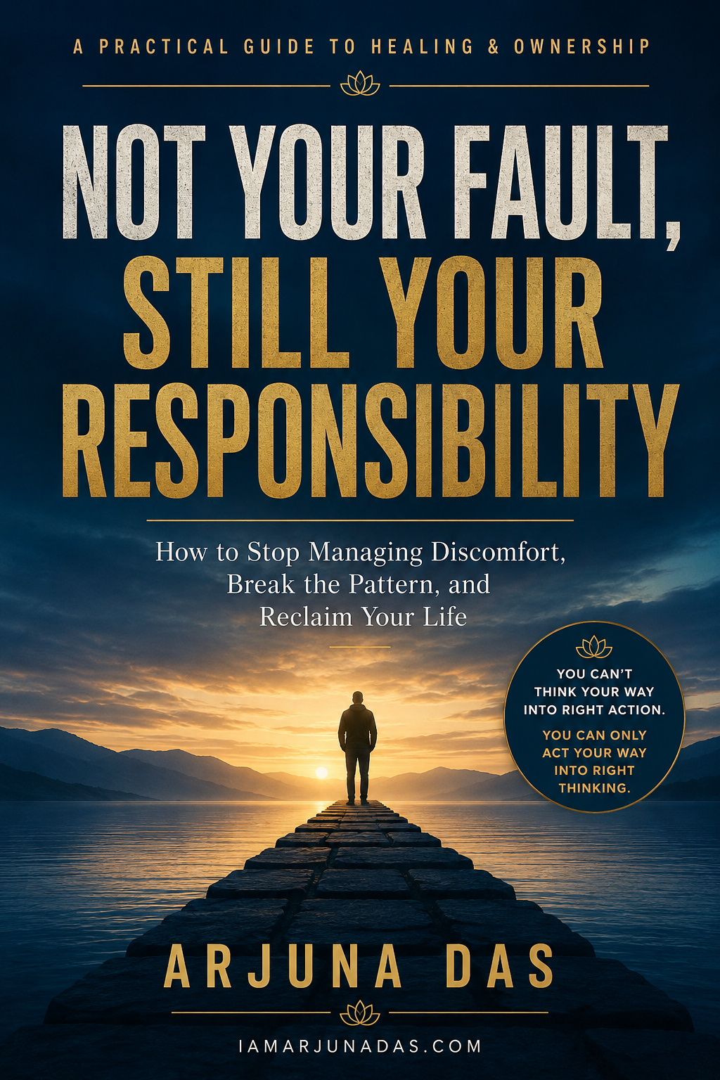 Book cover titled "Not Your Fault, Still Your Responsibility" by Arjuna Das, featuring a person standing on a dock extending into a body of water during sunset with mountains in the distance. Subtitle reads "A Practical Guide to Healing & Ownership" and "How to Stop Managing Discomfort, Break the Pattern, and Reclaim Your Life." A circular badge states "You can't think your way into right action. You can only act your way into right thinking."