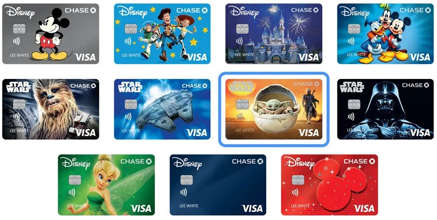 A collection of Disney and Star Wars themed Visa credit cards featuring characters from Mickey Mouse, Toy Story, Frozen, Star Wars, and more.