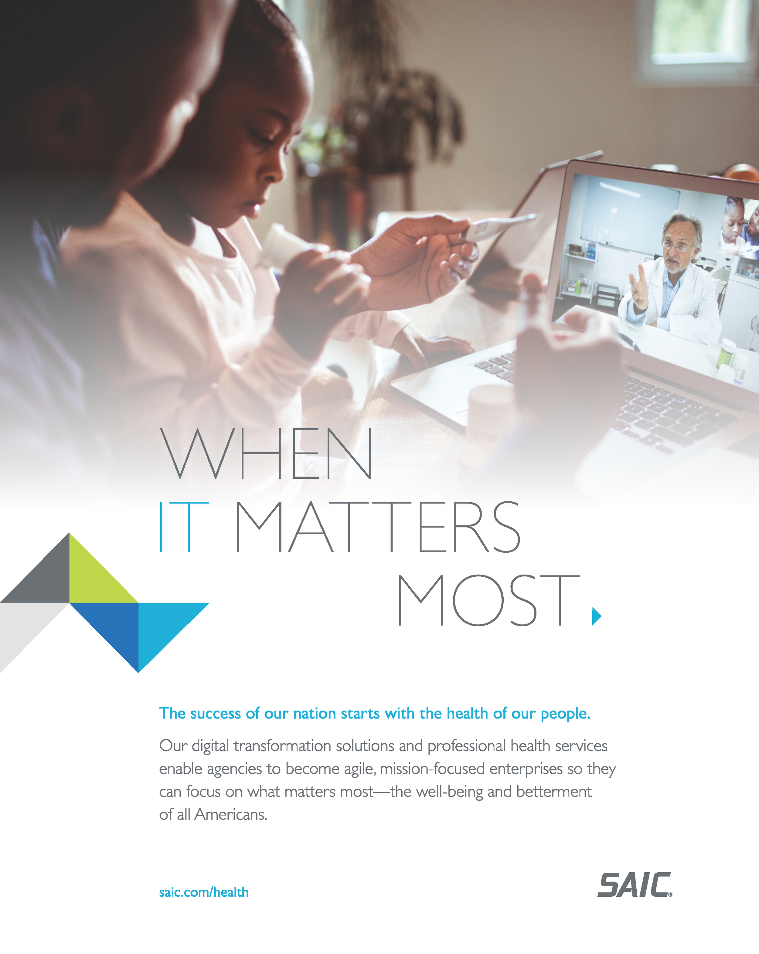 A child and an adult looking at a laptop screen showing a doctor in a white coat speaking and gesturing in a healthcare setting.