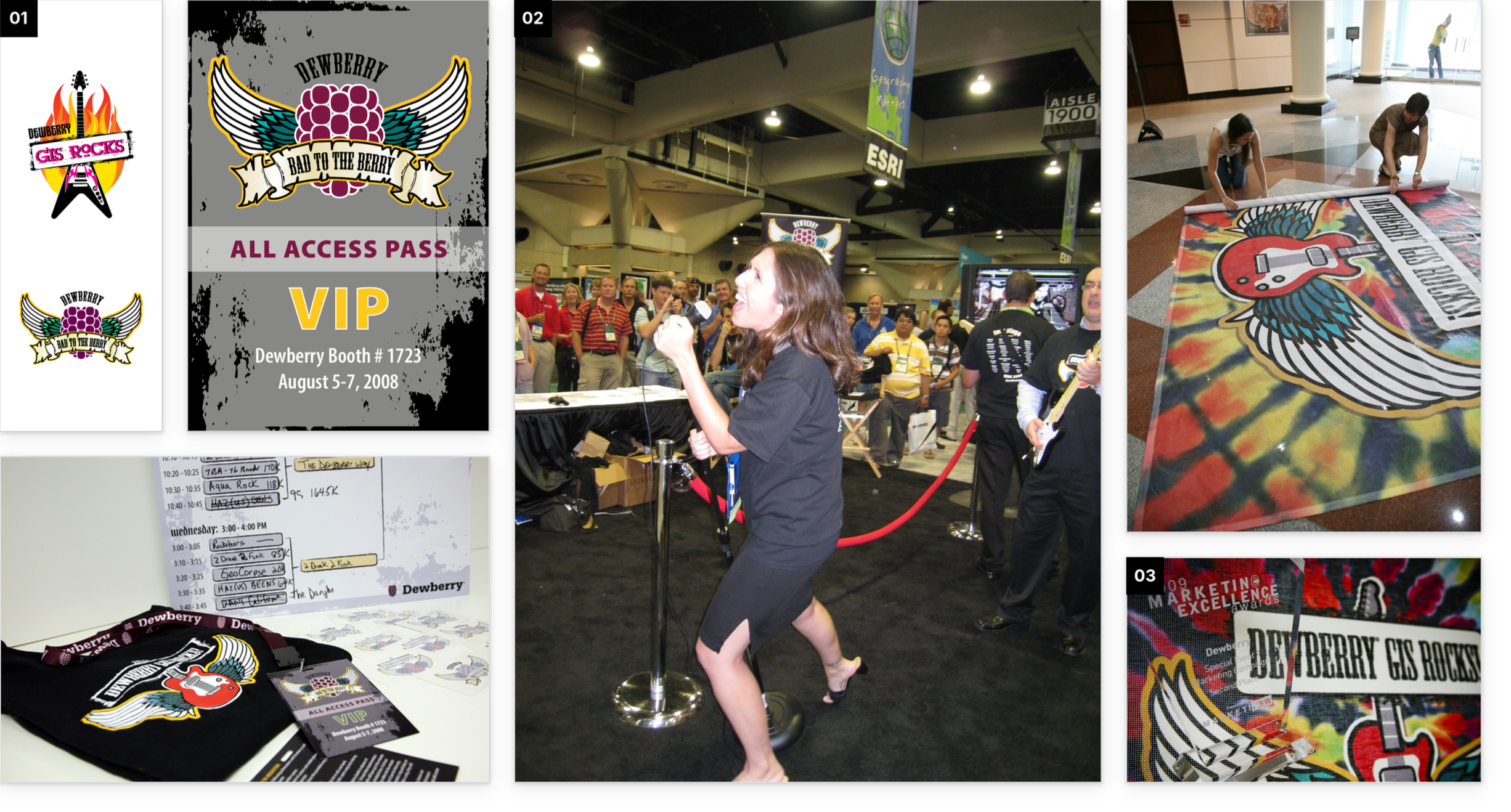 Dewberry Gas Rocks promotional collage featuring VIP passes, branded merchandise, a live music performance, event setup, and colorful guitar artwork.