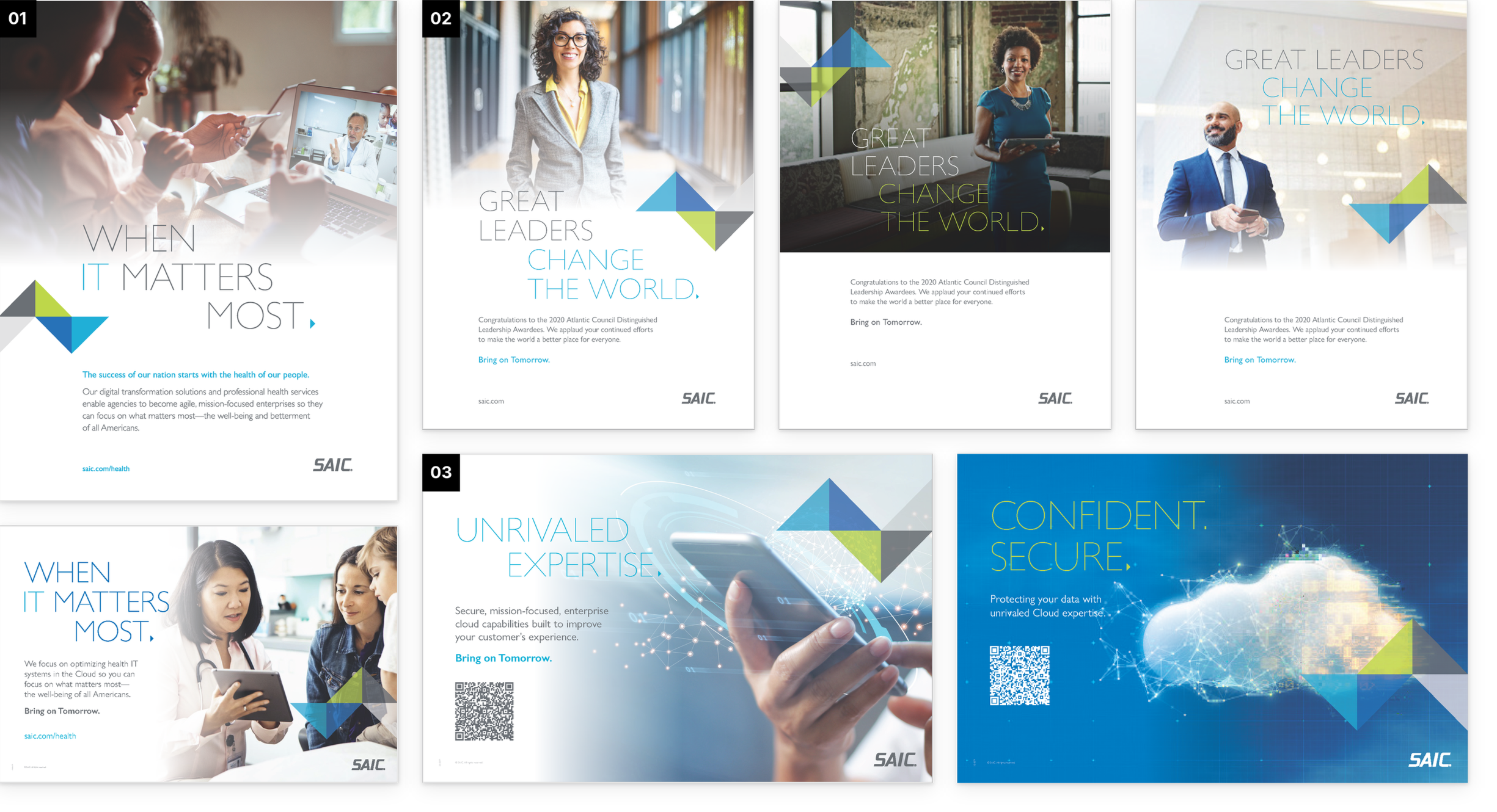 Collage of SAIC advertising designs featuring healthcare professionals, business leaders, cloud technology, and messaging about leadership, expertise, and secure data.