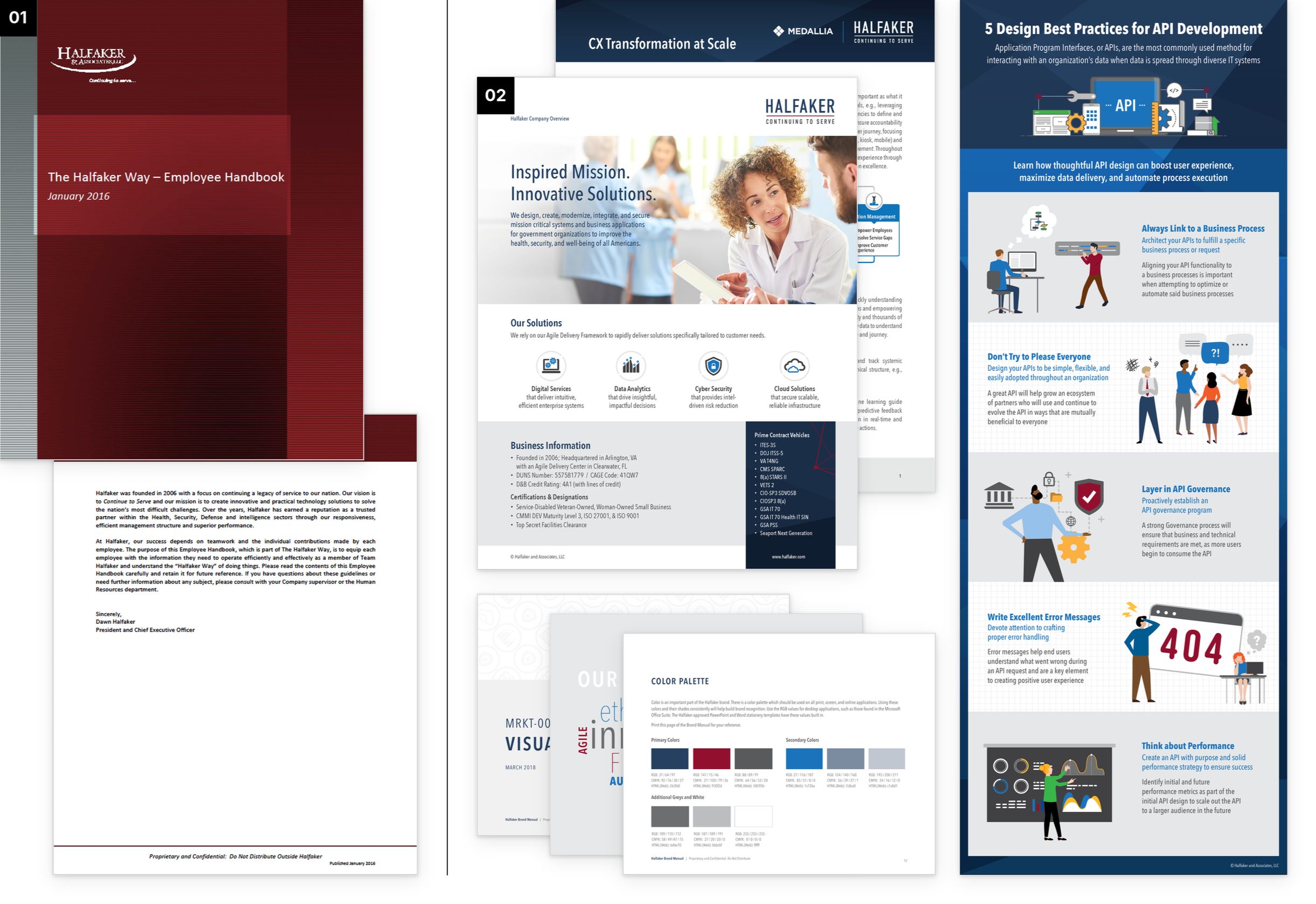 Collage of Halfaker branding materials, including an employee handbook, company overview, brand manual, color palette, and API development infographic.