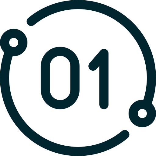 Digital icon of the number 01 within a circle with connecting dots, representing technology or data.
