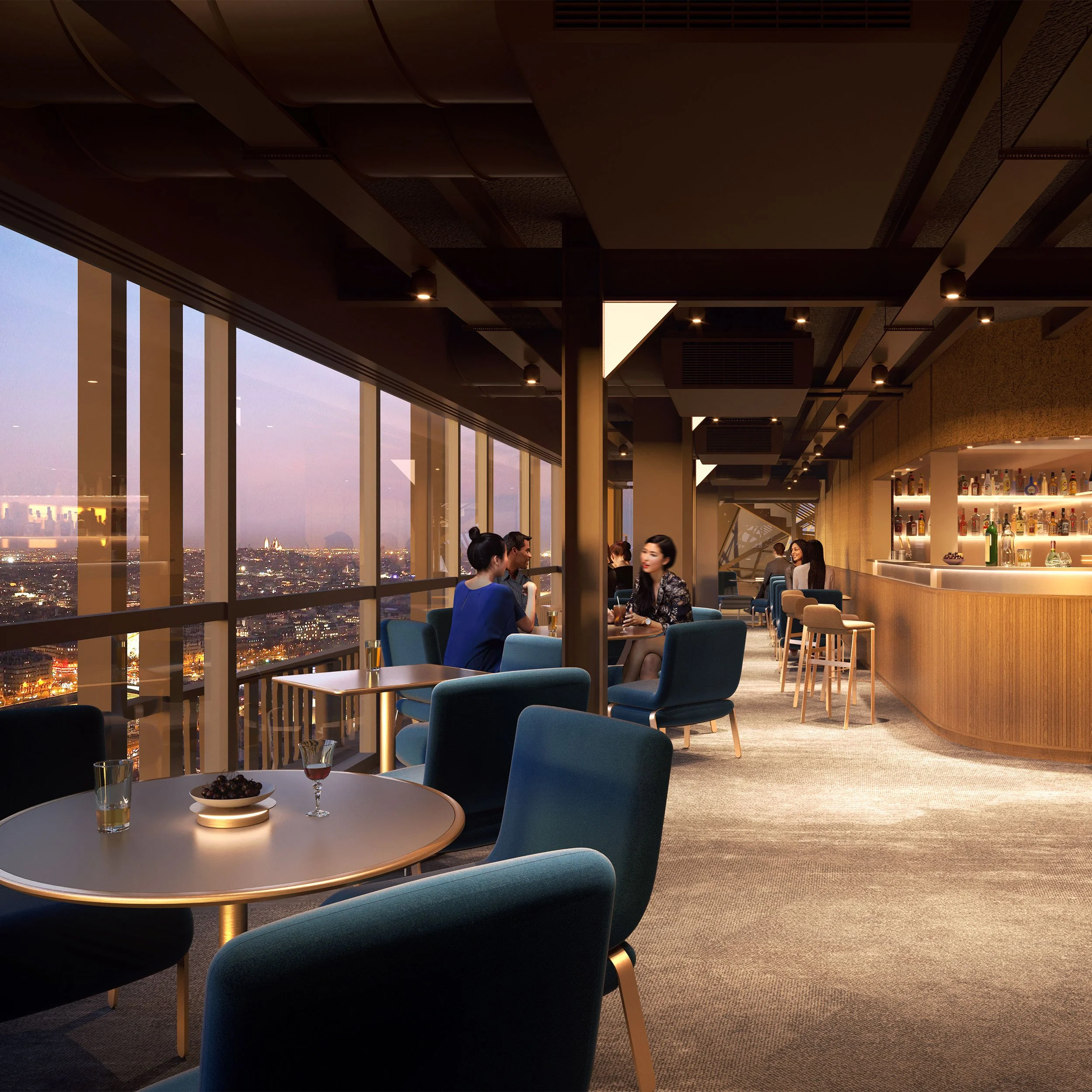 Upscale bar or restaurant with floor-to-ceiling windows offering city views at dusk, filled with patrons dining and drinking.