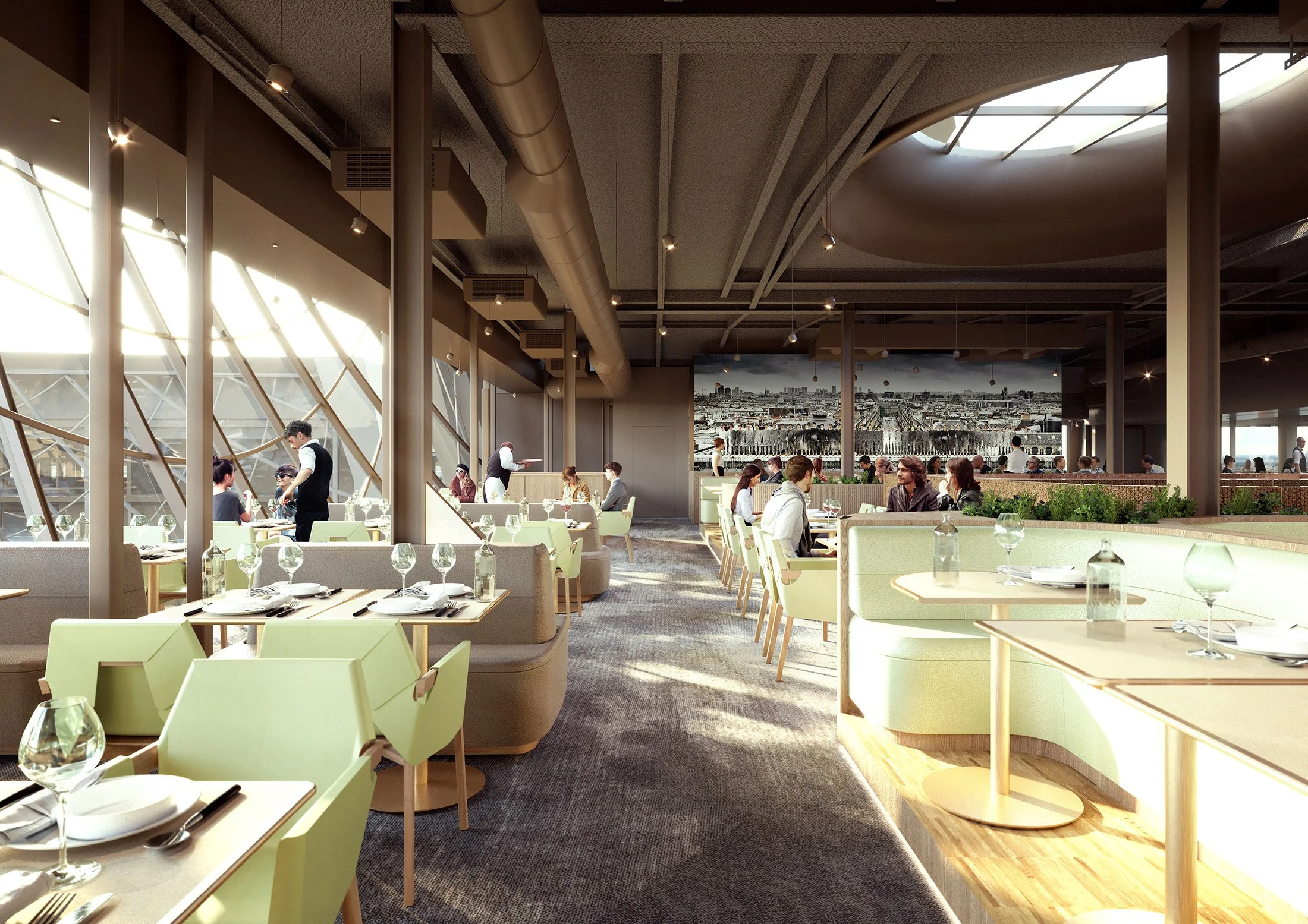 Interior of a modern restaurant with large windows, light green chairs, tables set with glassware and cutlery, and a cityscape view on a large display screen.