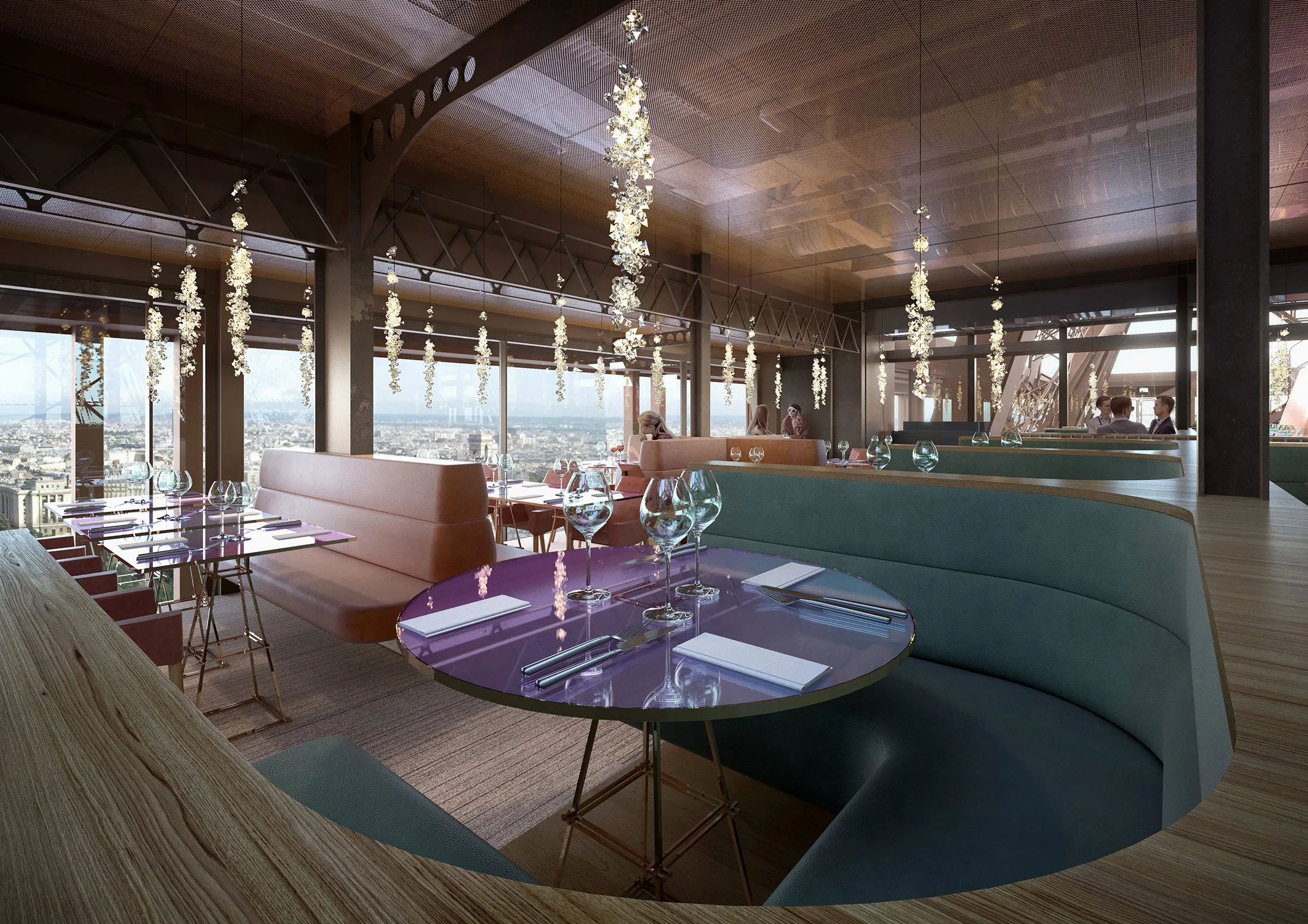 Elegant restaurant interior with large windows, hanging floral decorations, and modern seating arrangements. Dining tables are set with glasses, napkins, and cutlery. City skyline visible through windows.