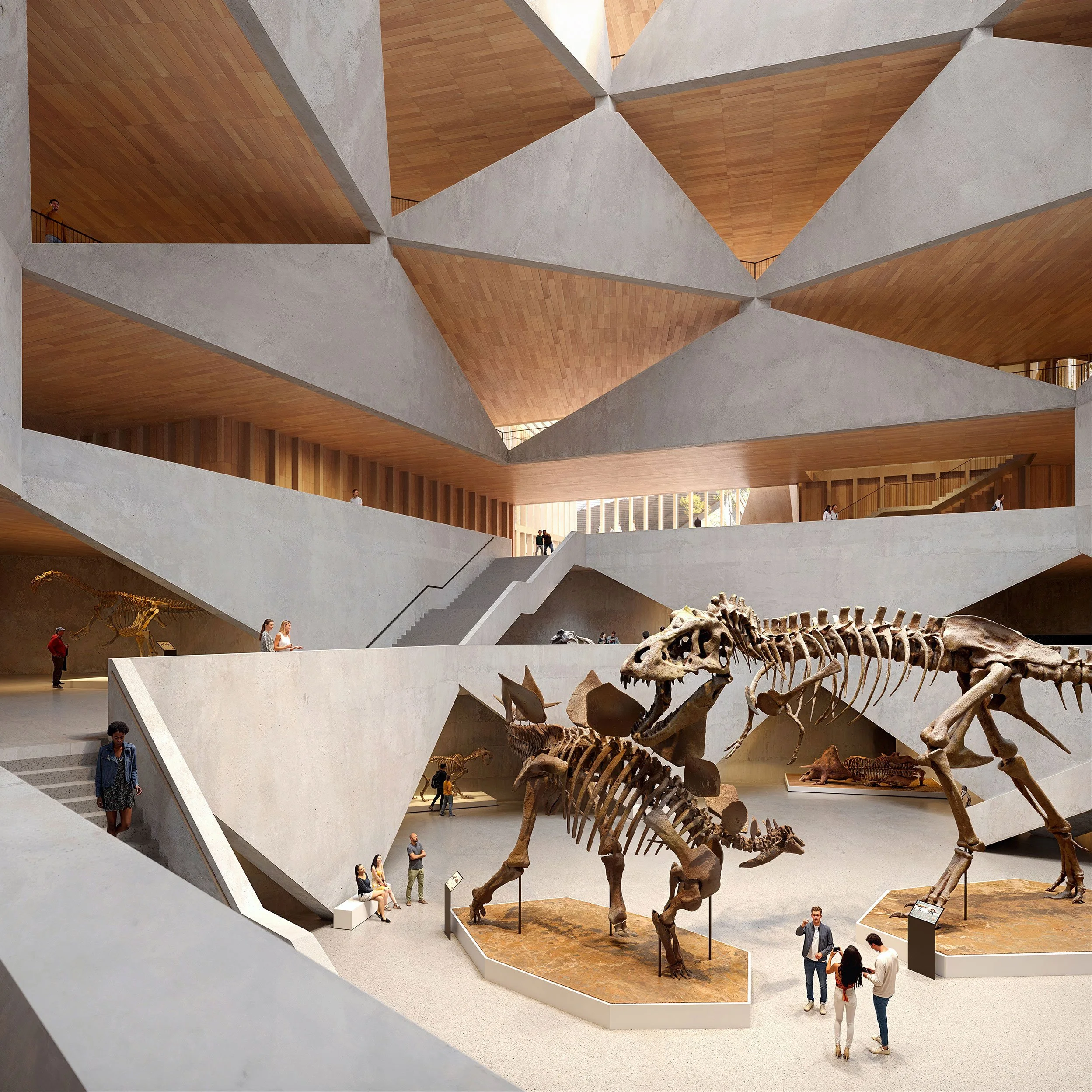 Interior of a modern museum with multiple levels, concrete and wood architecture, displaying dinosaur skeletons including a large T-Rex and smaller dinosaurs, with visitors observing from different floors.