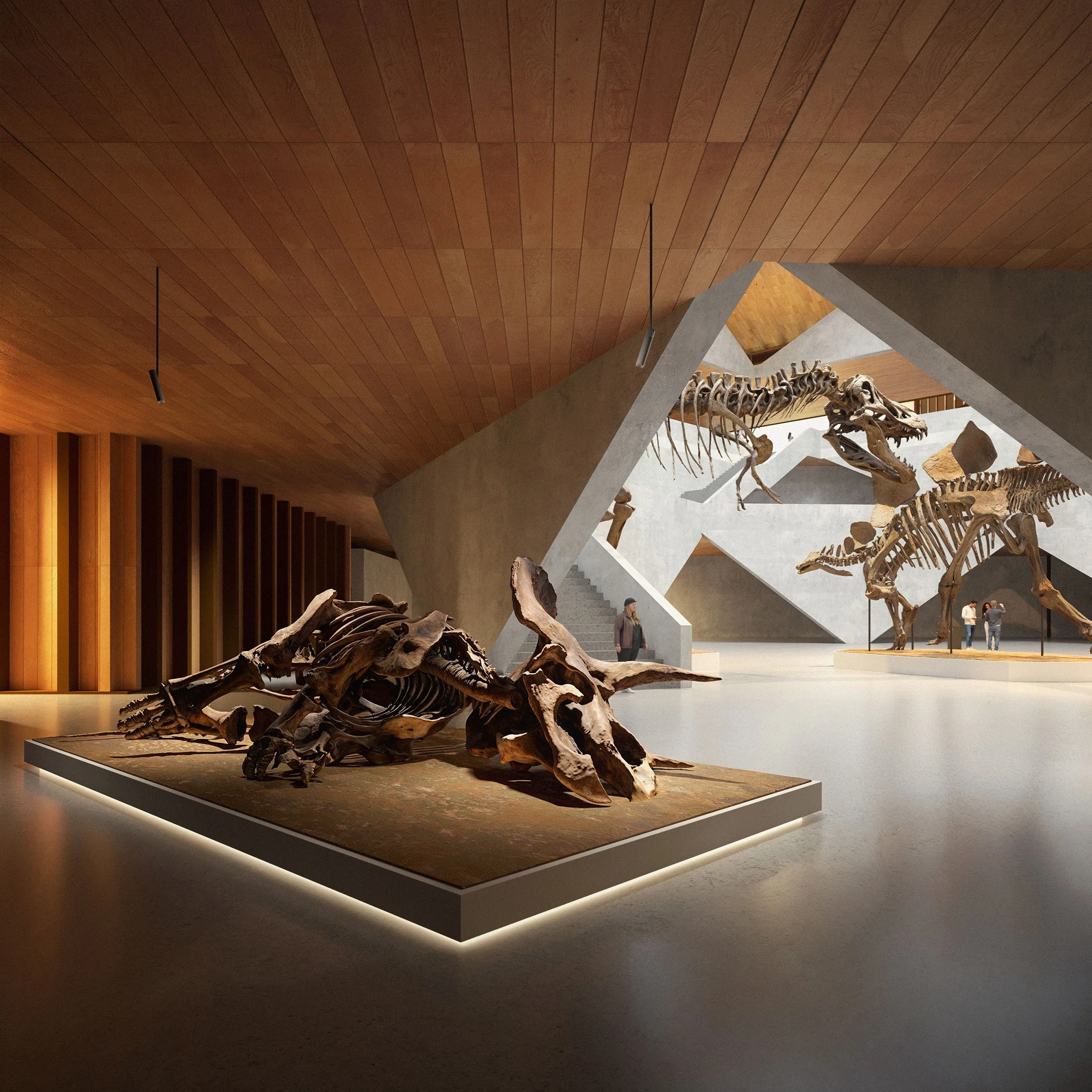 Interior of a modern museum with large dinosaur skeletons on display, including a triceratops skull in the foreground, and an expansive, angular staircase in the background.