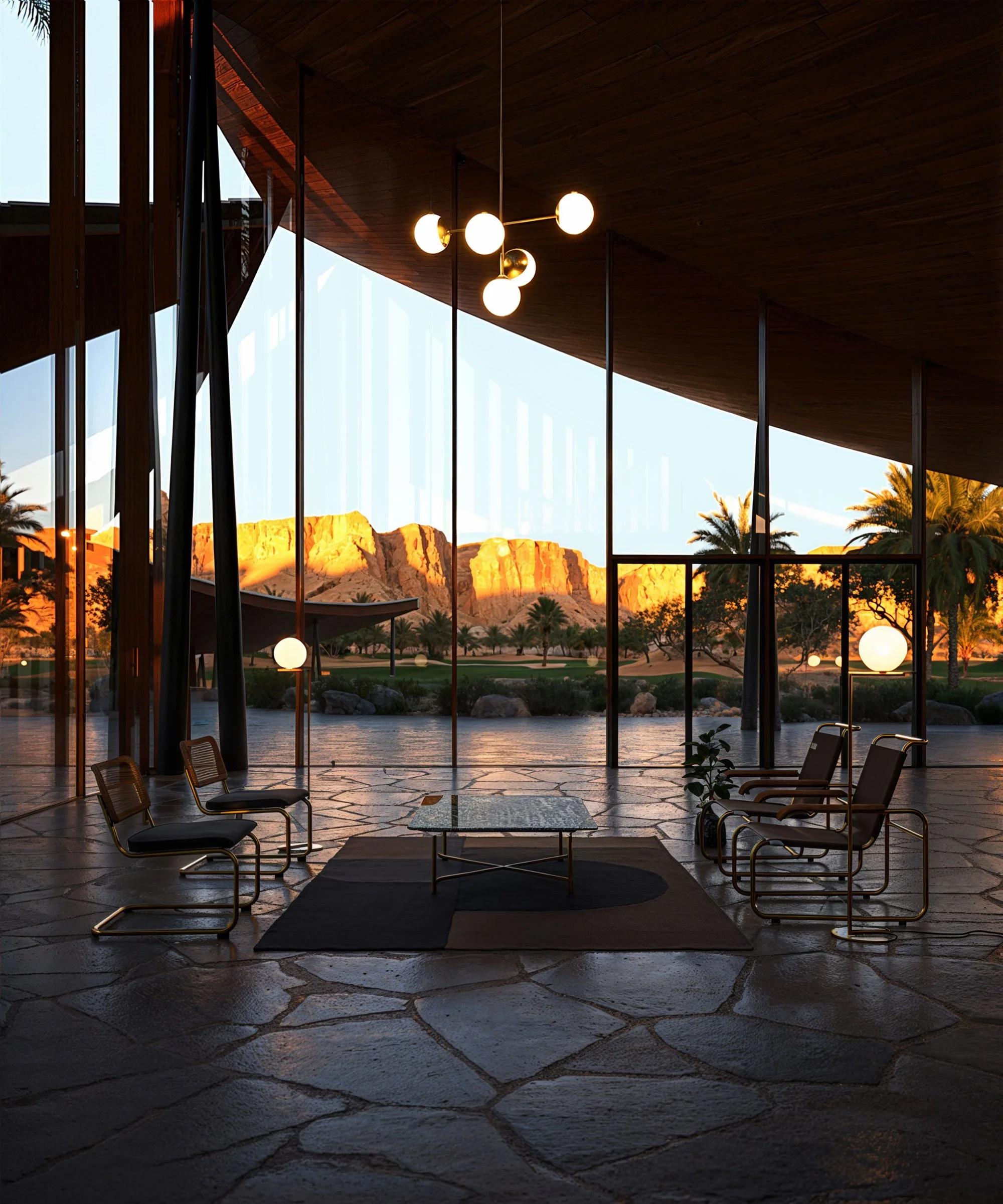 Interior of a modern room with large glass windows showing a desert landscape with mountains and palm trees, featuring minimalist furniture, hanging light fixtures, and stone flooring.