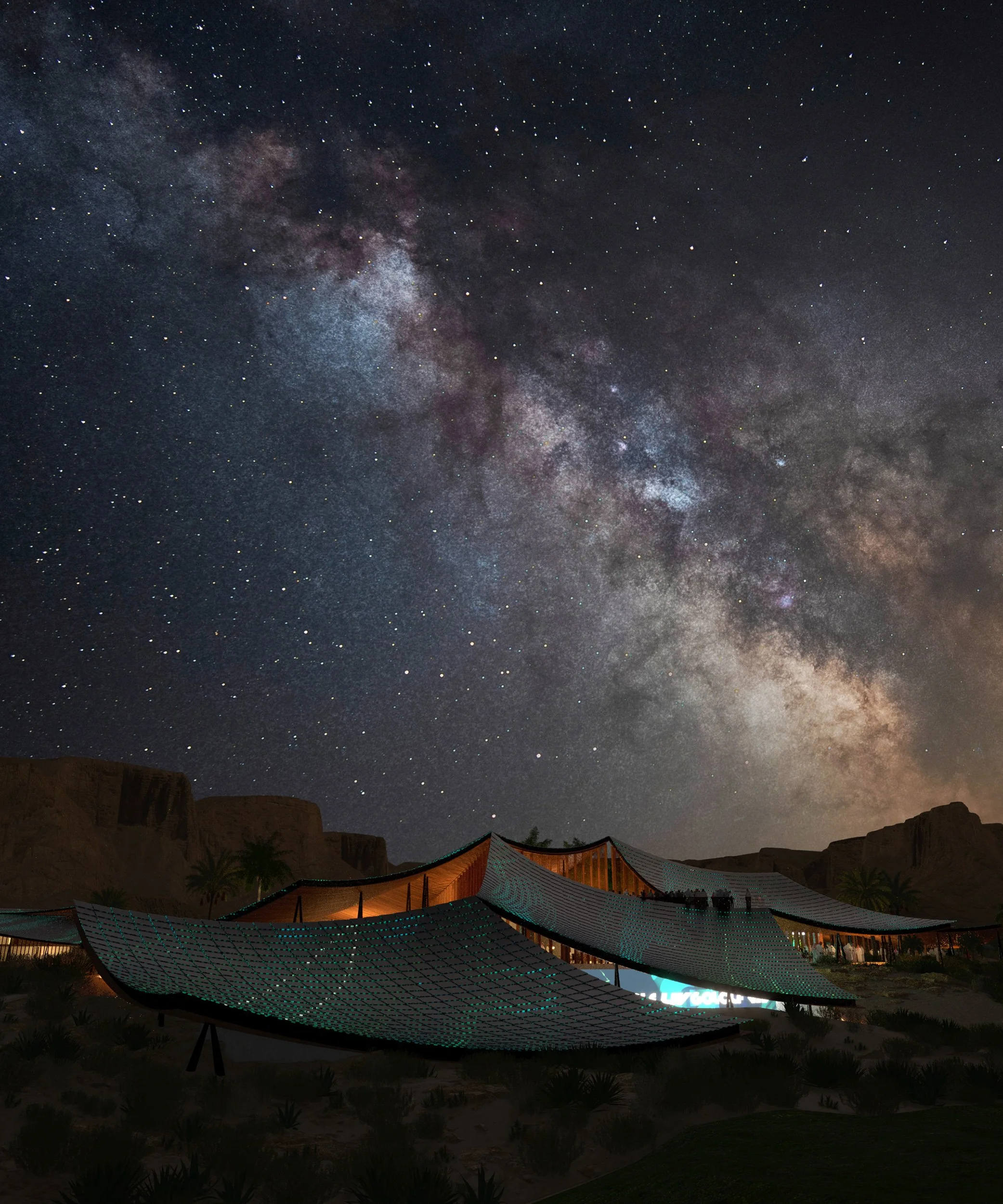 Night sky filled with stars and the Milky Way galaxy, with a modern, curved structure with open sides illuminated by warm lights in the foreground.