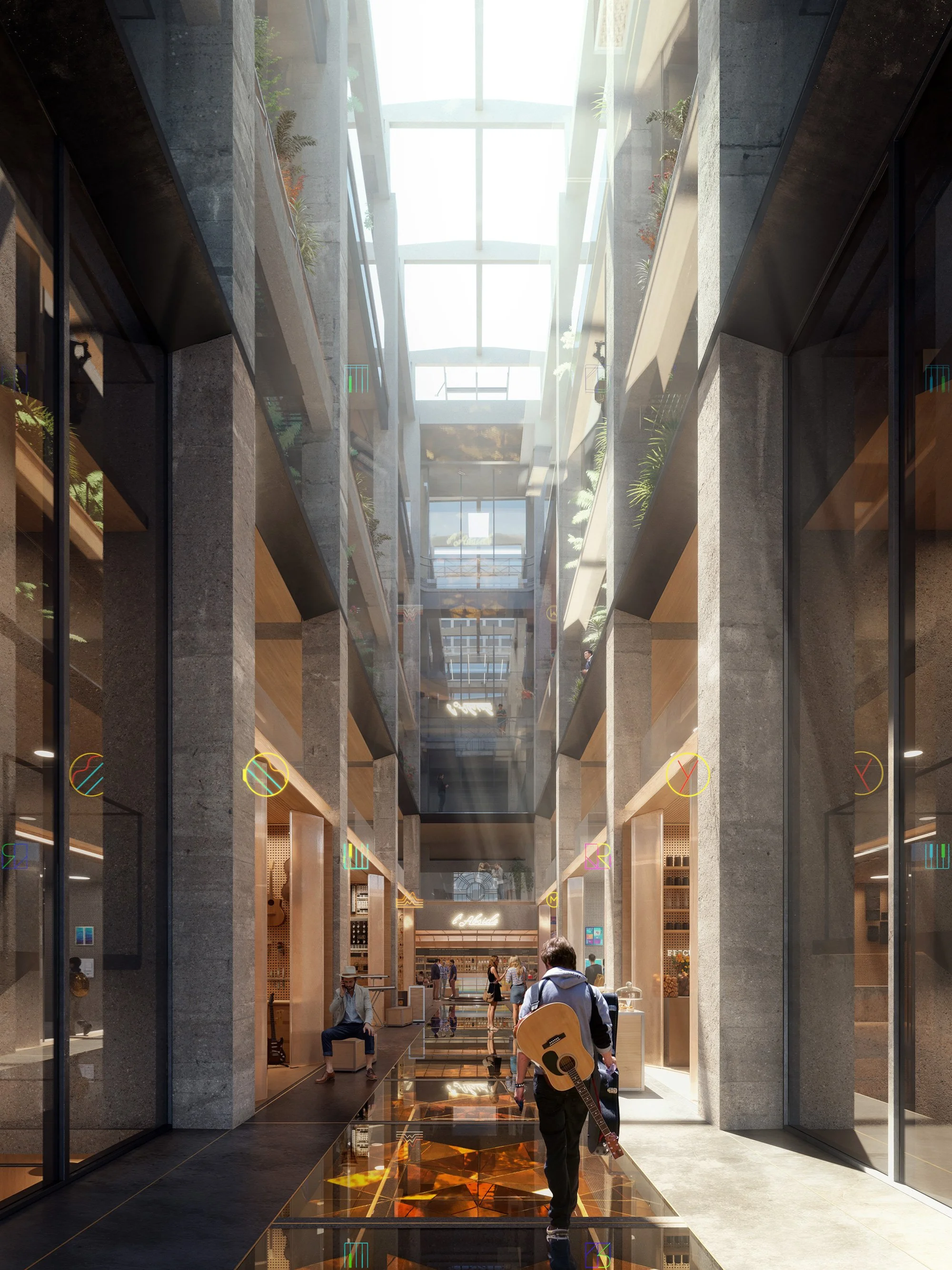 Modern multi-story indoor shopping mall with a glass ceiling, escalators, glass walls, and decorative neon signs, including a person walking with a guitar.