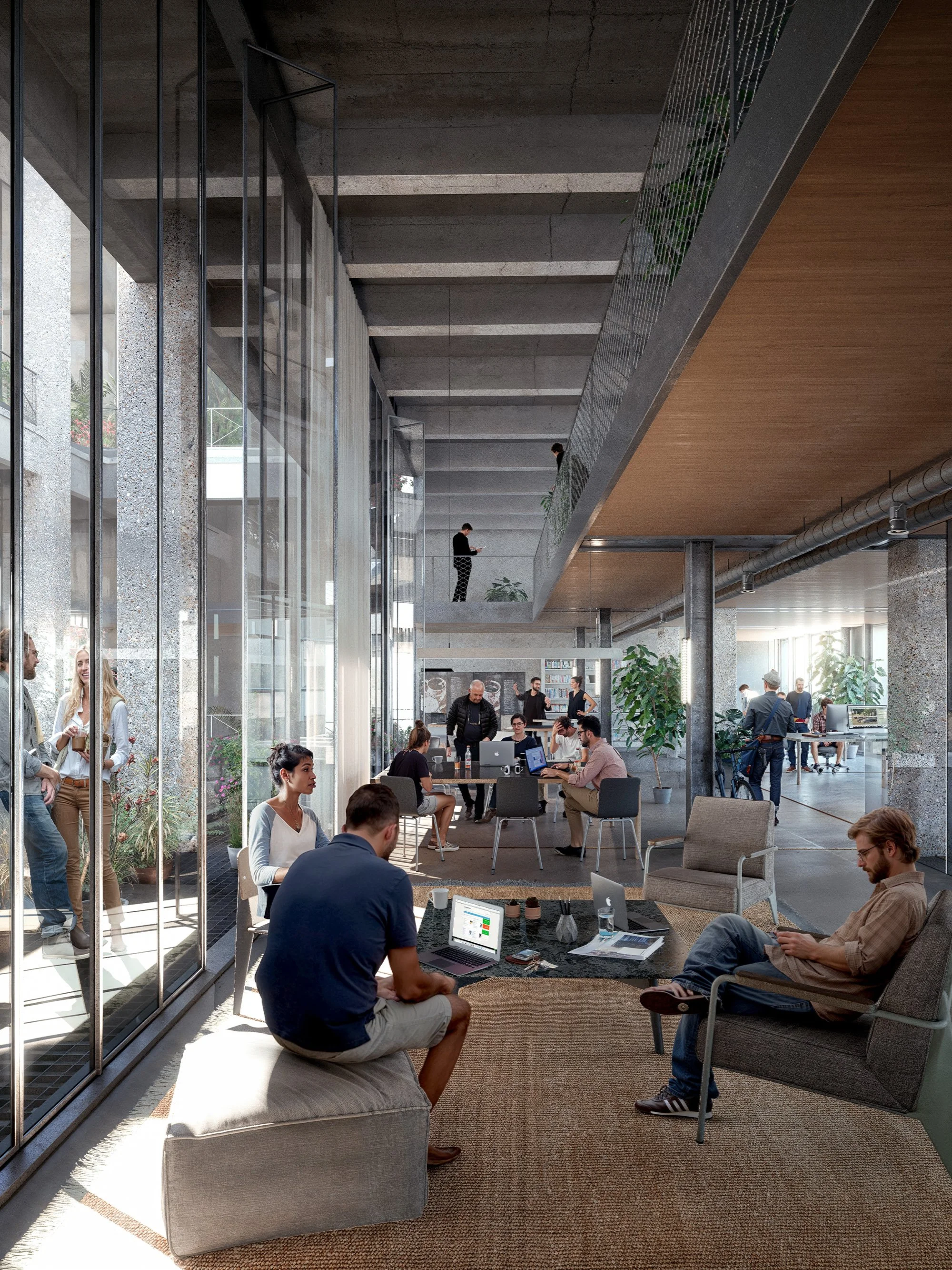 Modern office interior with people working at desks and having conversations, large glass windows, plants, and an industrial style ceiling.
