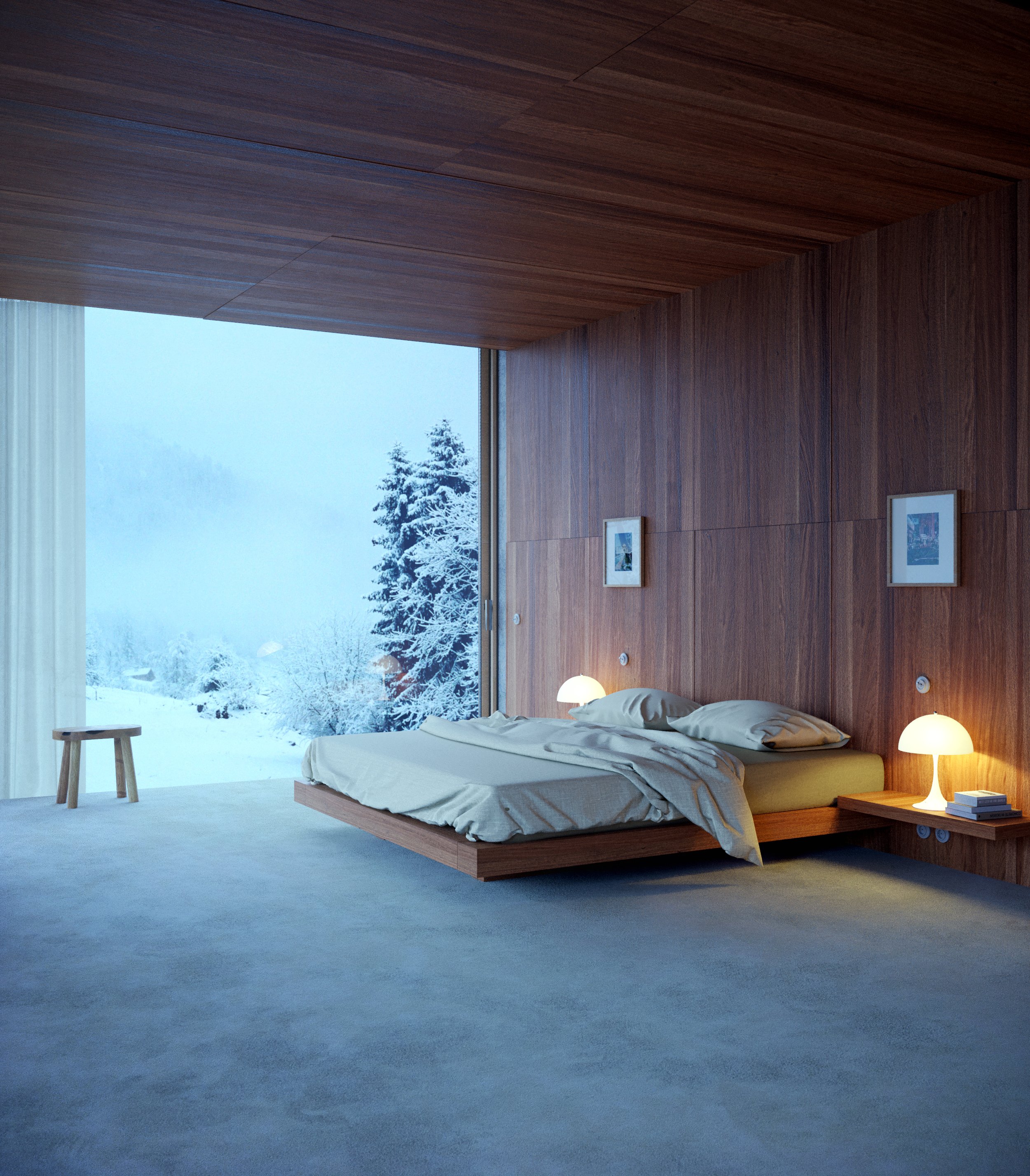 Bedroom with wooden walls and ceiling, large window showing snowy outdoor landscape with trees, a bed with white bedding, nightstand with lamp and books, two framed pictures on the wall, and a small stool near the window.