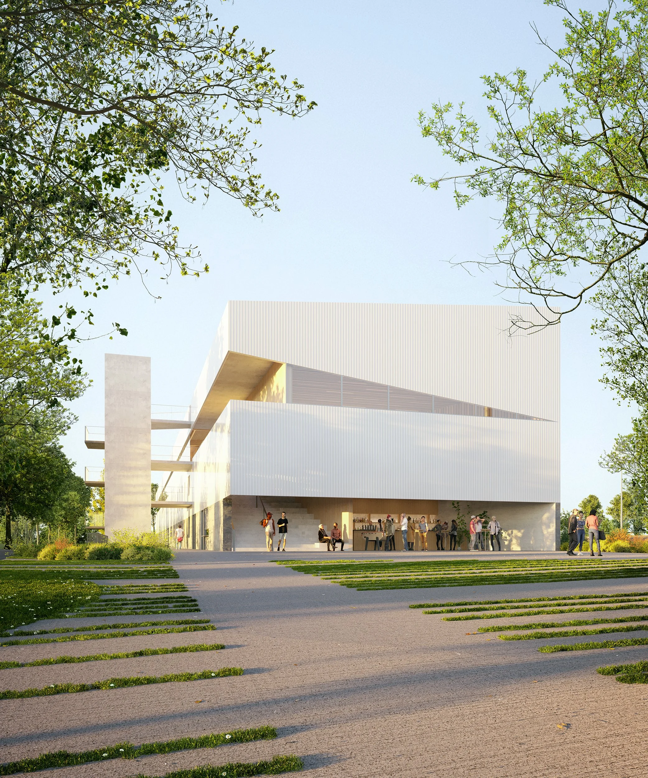 Modern white building with overhanging upper floors, surrounded by green trees and people sitting and walking outside on a sunny day.