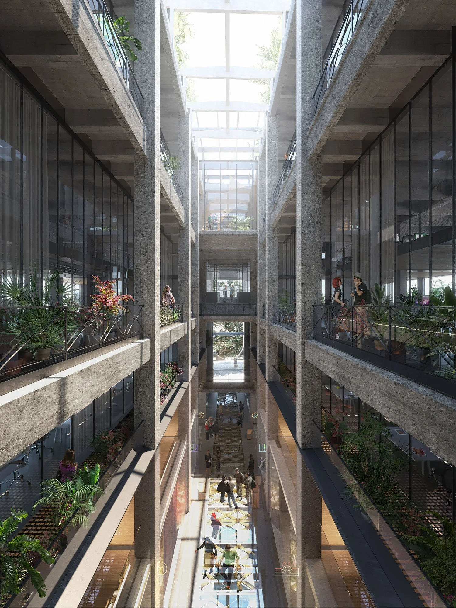 Interior view of a modern multi-story building with open atrium, glass walls, and balconies, showing people walking and interacting.