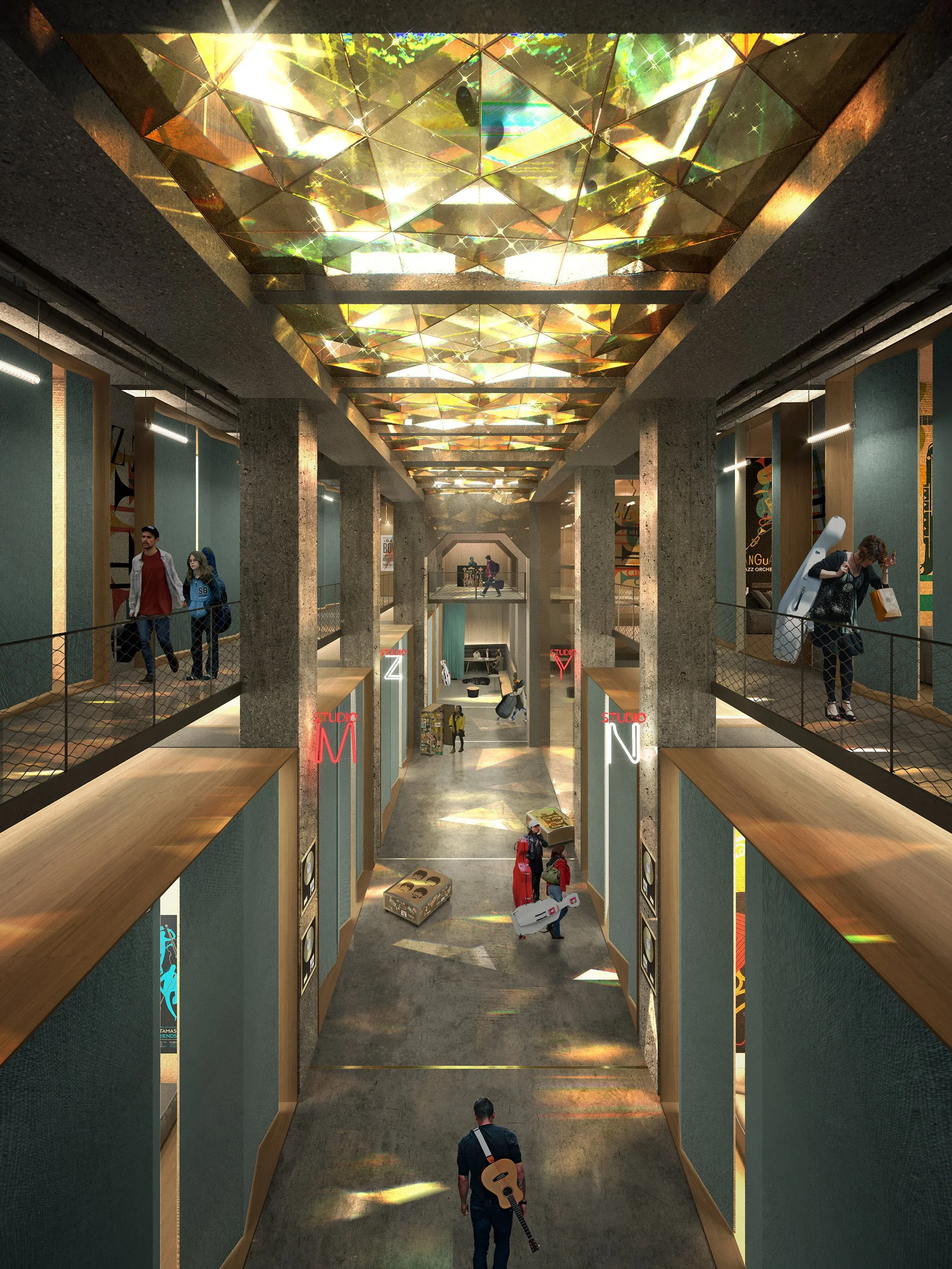 Interior of a multi-level art or cultural center with people walking, art displays, and a decorative ceiling with colorful reflective surfaces.