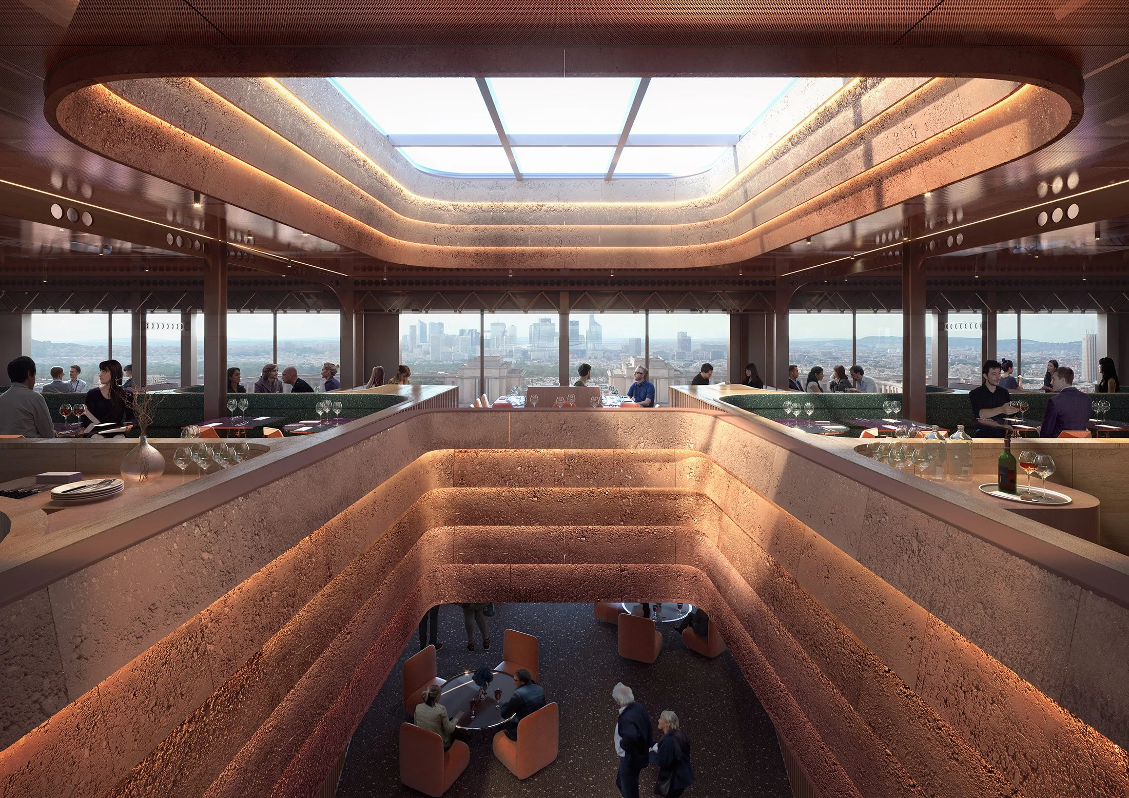 Interior of a modern high-rise restaurant with a large skylight, overlooking a city skyline, featuring multiple levels with diners, tables with wine glasses, and warm ambient lighting.