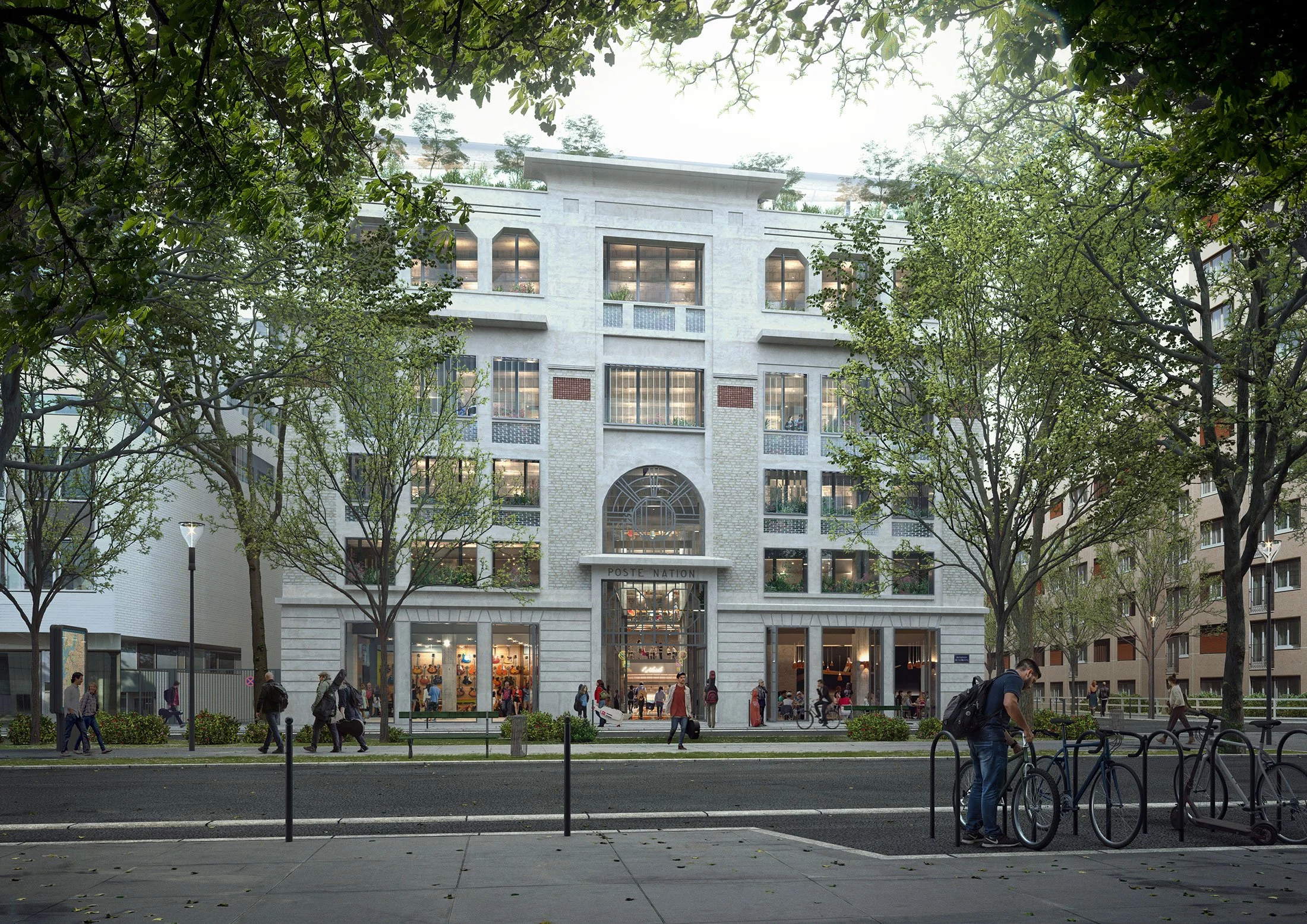 City street scene with pedestrians, trees, and a large building labeled 'POSTE NATION' with shops on the ground floor.