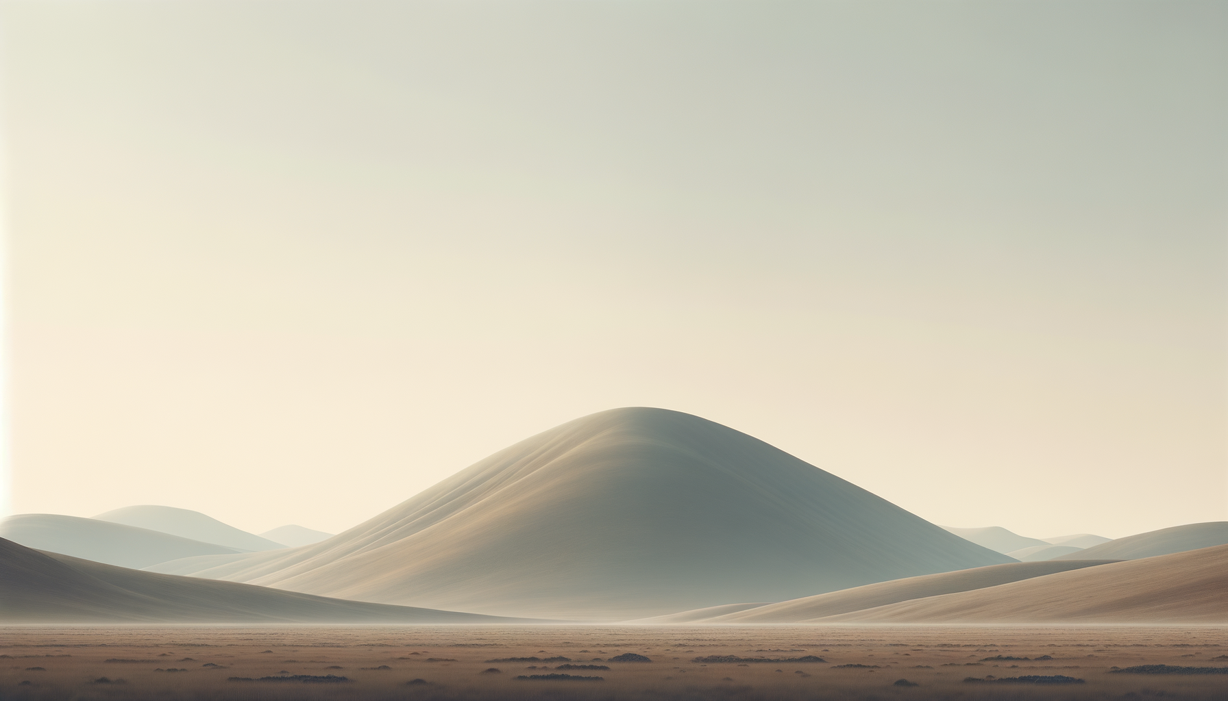 A vast desert landscape with large sand dunes under a pale, atmospheric sky.