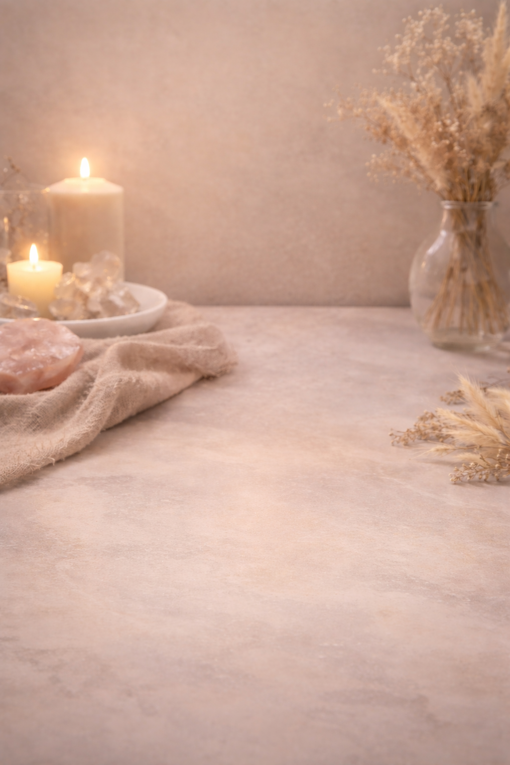 A soft beige table with candles, dried flowers in a glass vase, and a bowl of crystals, creating a warm, rustic decor.