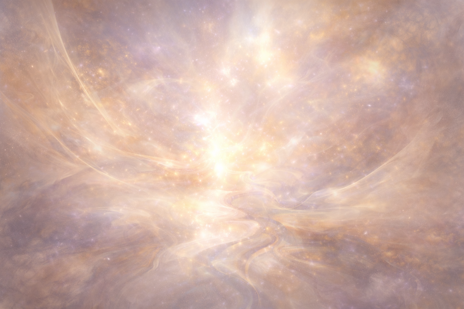 A cosmic scene with bright, swirling light and nebula-like formations in soft, glowing shades of beige and purple.