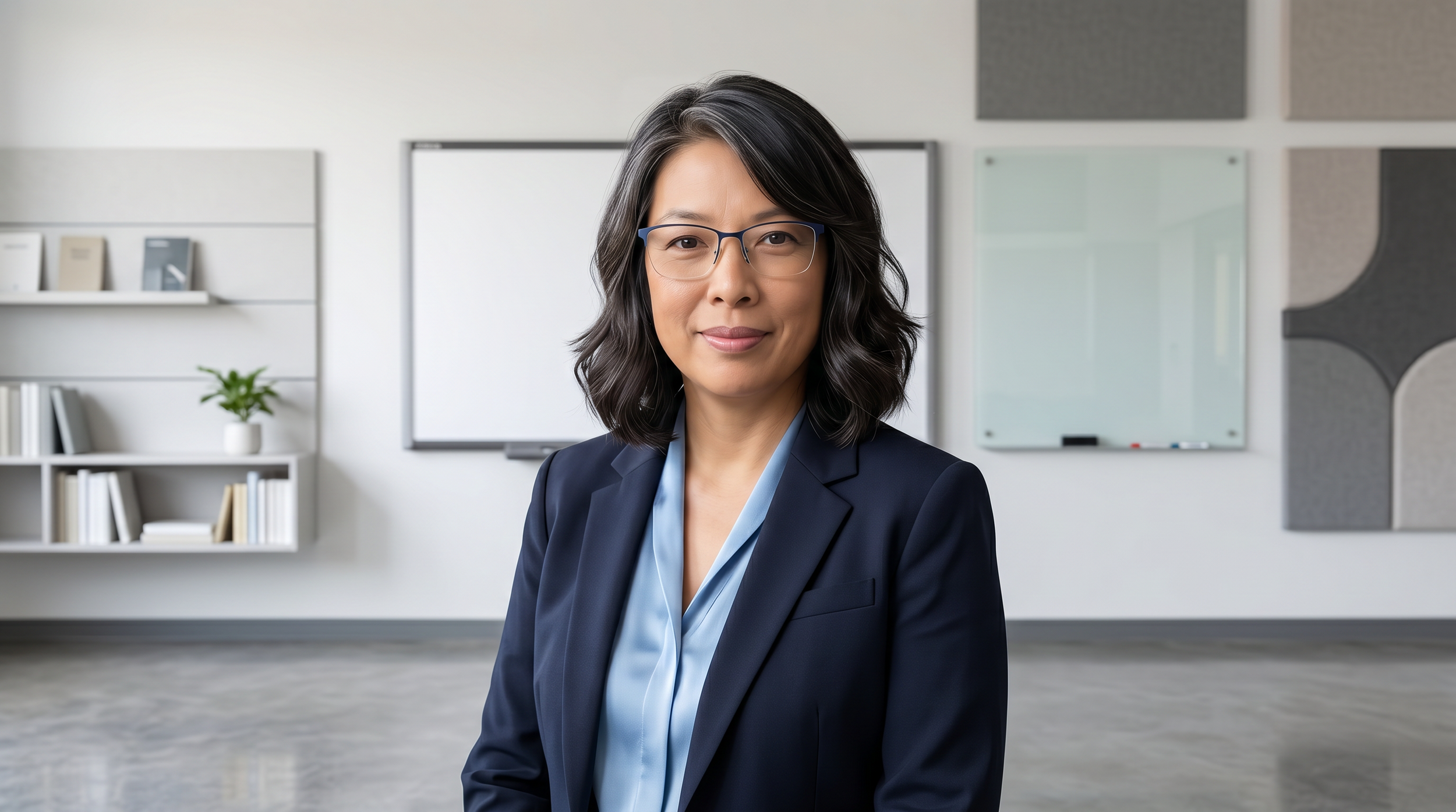 A professional woman with shoulder-length black hair, glasses, and a navy blazer is sitting in an office with white walls, bookshelves, and whiteboards in the background.