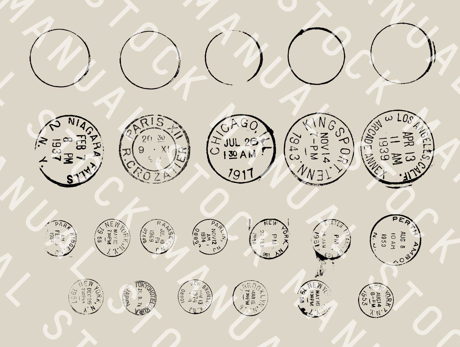High-res scanned vintage circular postage stamps for graphic designers asset library