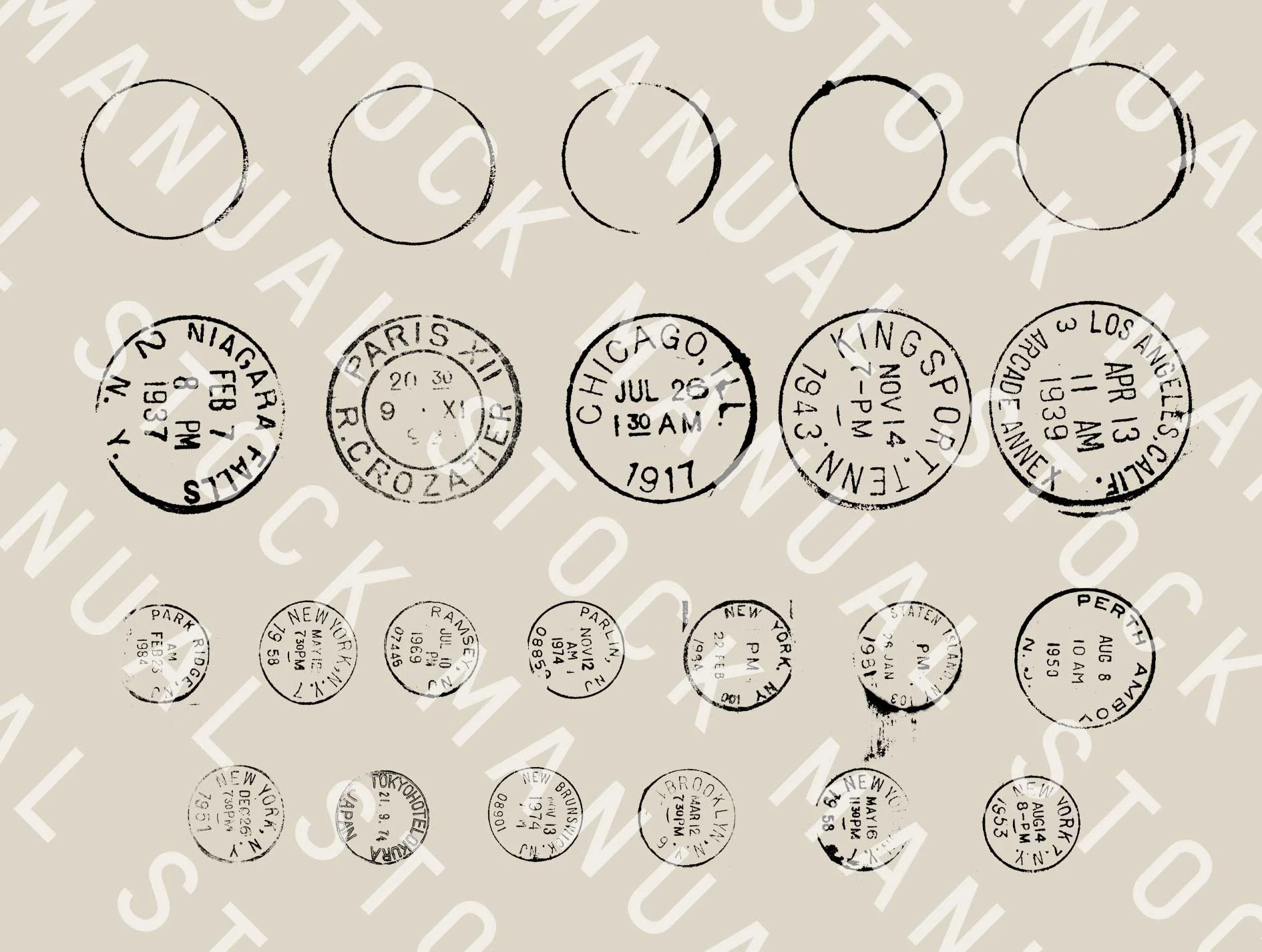 High-res scanned vintage circular postage stamps for graphic designers asset library