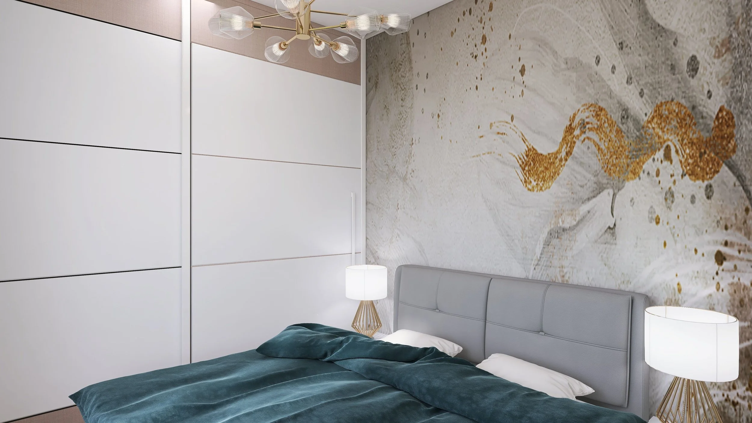A modern bedroom with a gray padded headboard, two white bedside lamps with gold bases, a teal velvet blanket, and a large abstract wall mural featuring a gold snake surrounded by abstract patterns.