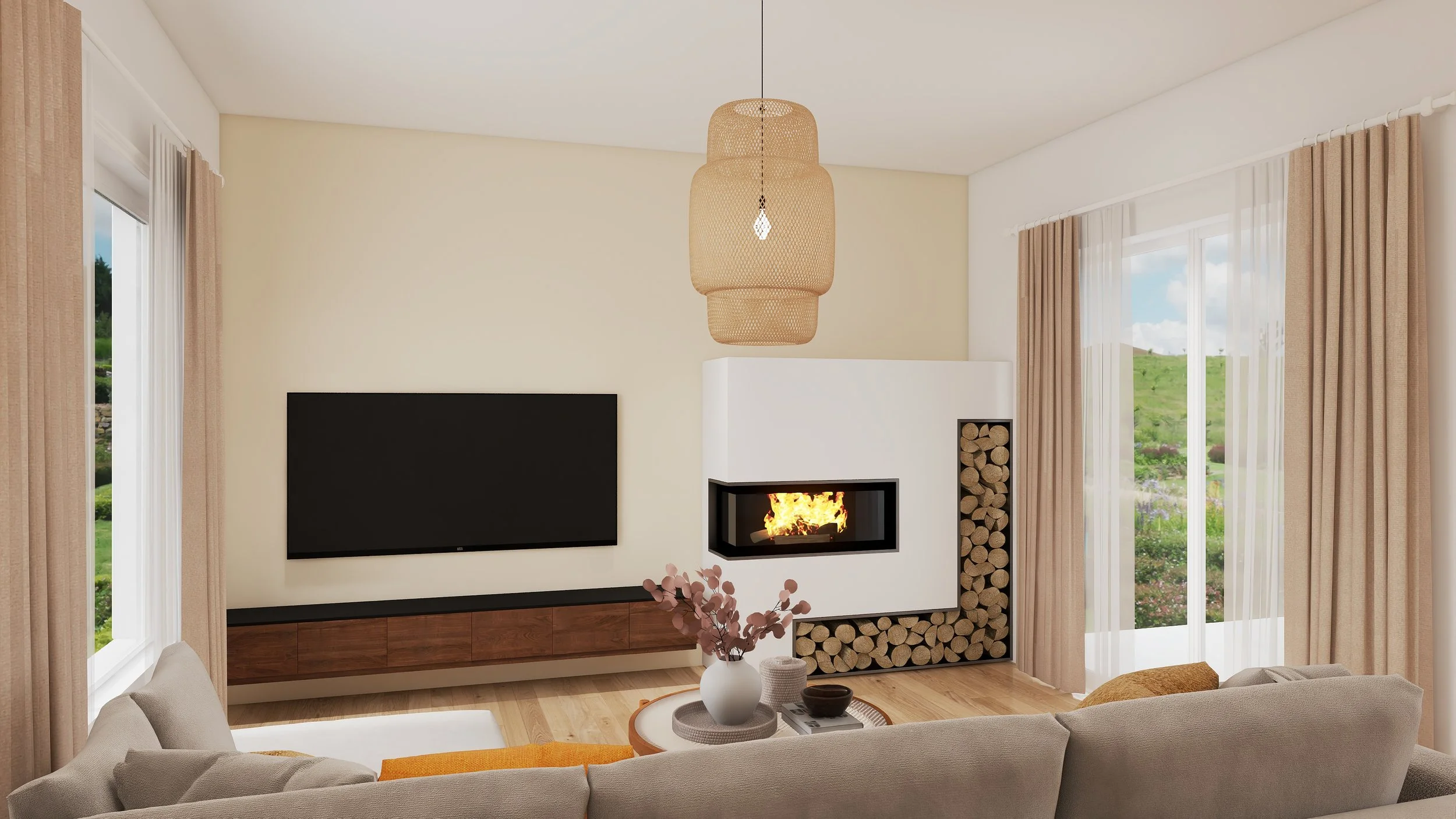 Living room with a sofa, coffee table with a vase and decorative items, a wall-mounted TV, a modern white fireplace with stacked firewood, large windows with curtains, and a pendant light.