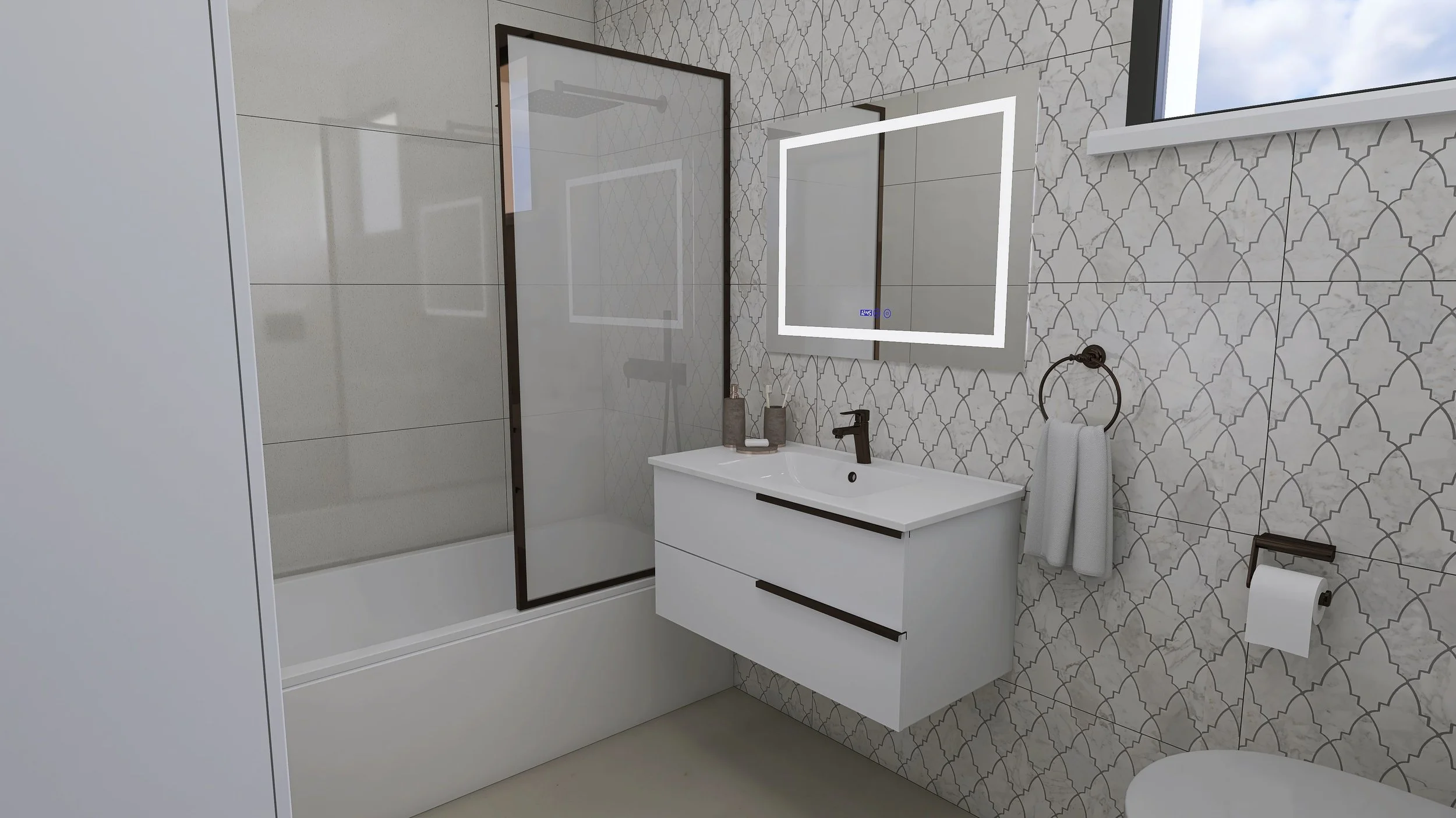 Modern bathroom with a white floating vanity, two vases, a mirror with LED lighting, a towel ring with a towel, a toilet paper holder, a bathtub with a glass shower screen, patterned wall tiles, and a window showing sky and clouds.