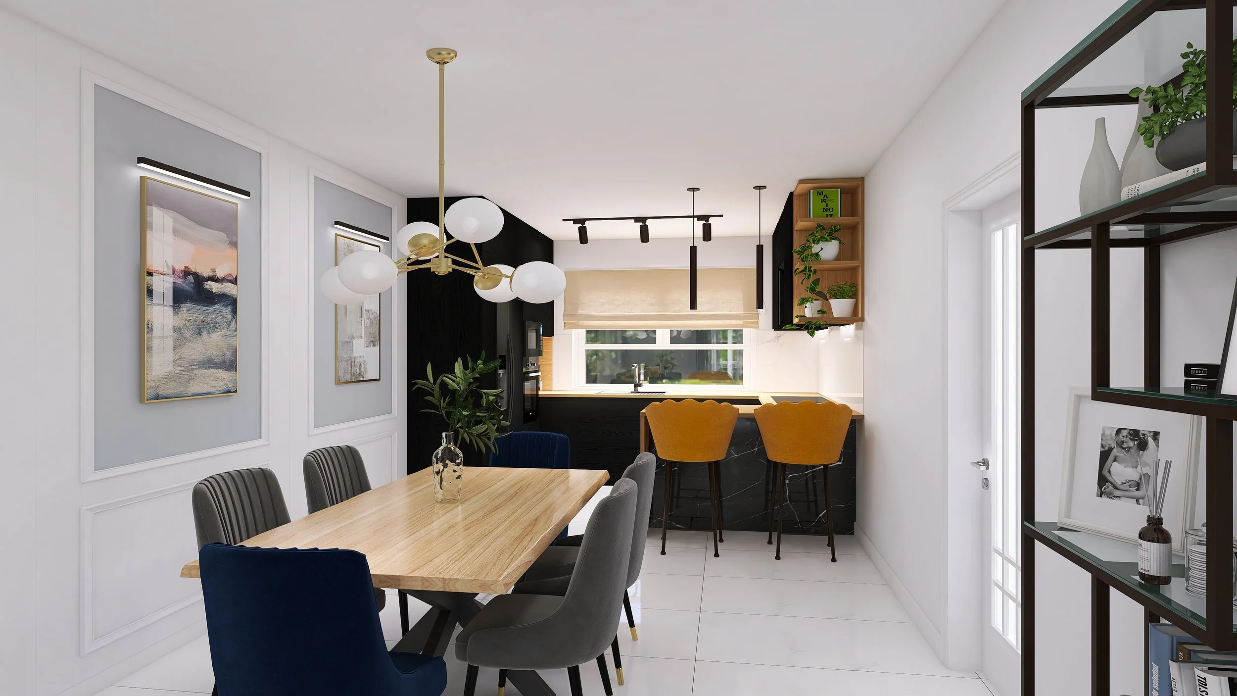 Modern dining area with a wooden table set for six, an elegant chandelier, artwork on the wall, white walls with decorative molding, a kitchen in the background with black cabinetry, a window with beige shades, and shelving with plants and decorative items.