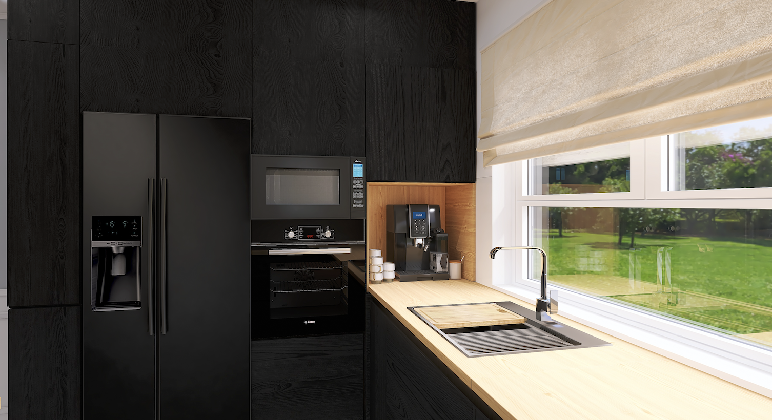 A modern kitchen with black refrigerator, oven, microwave, and coffee machine. Light wood countertop near large window with a view of green trees and grass outside.